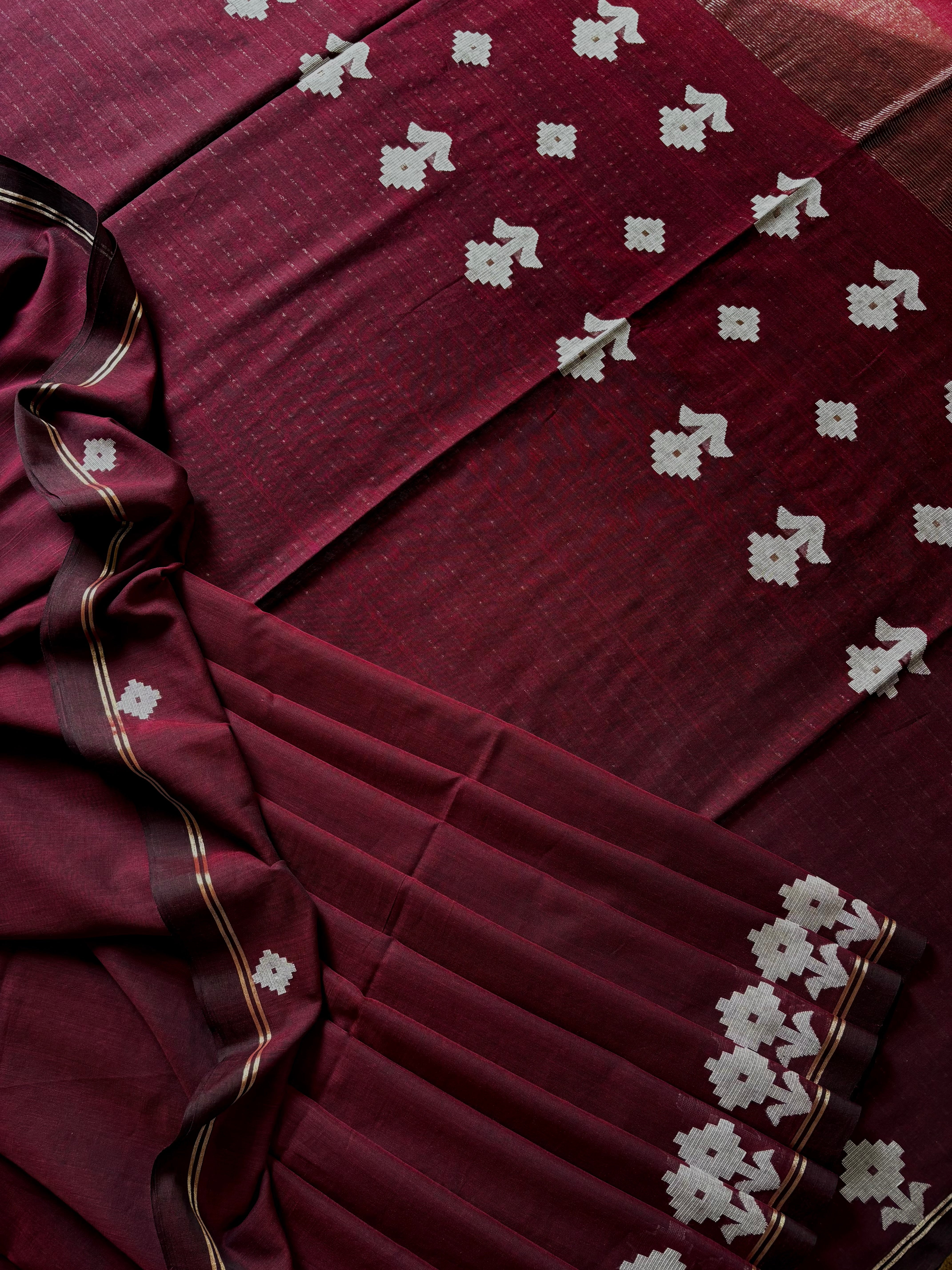 Handwoven Wine Colour Cotton Jamdani Saree