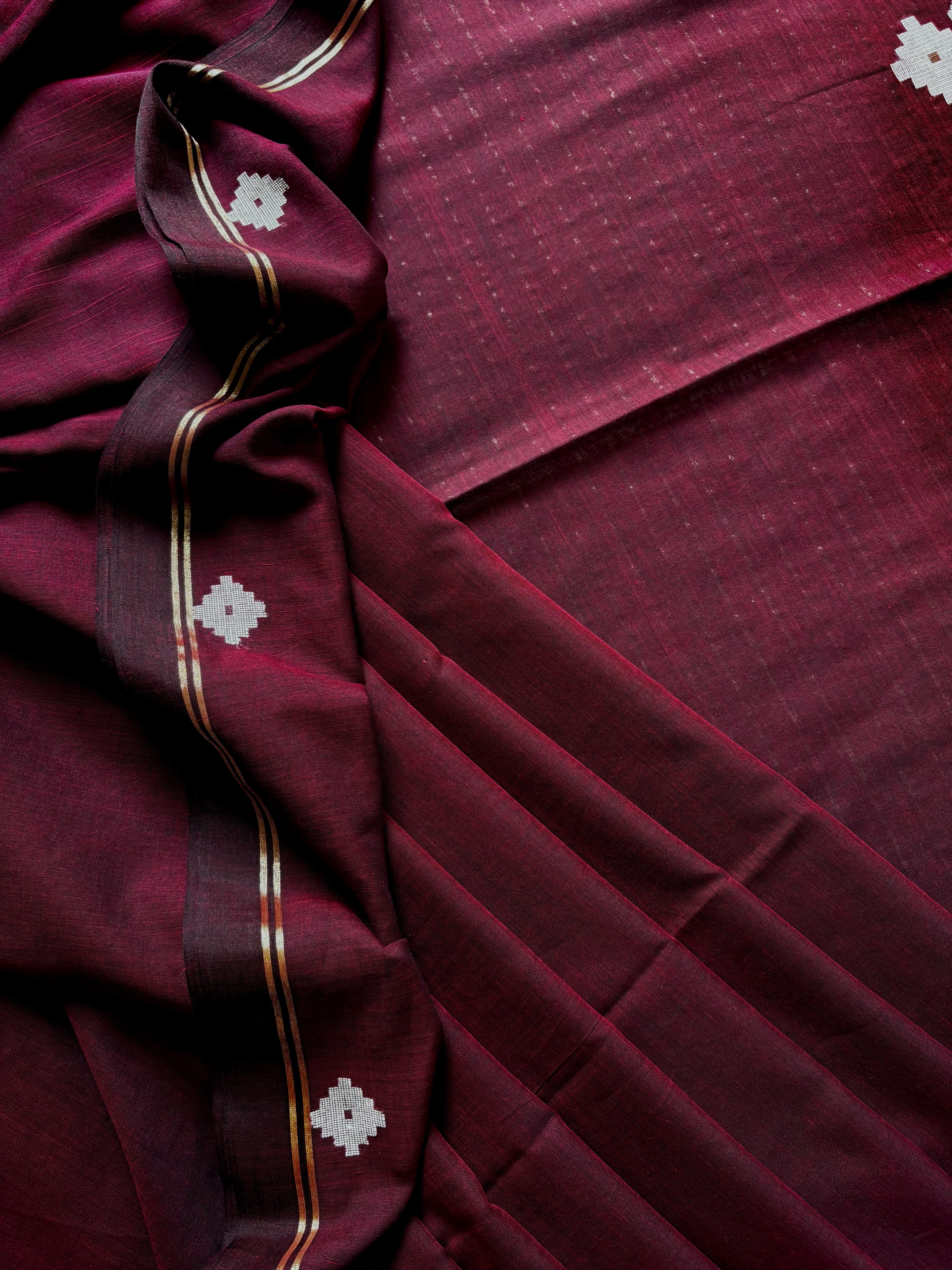 Handwoven Wine Colour Cotton Jamdani Saree