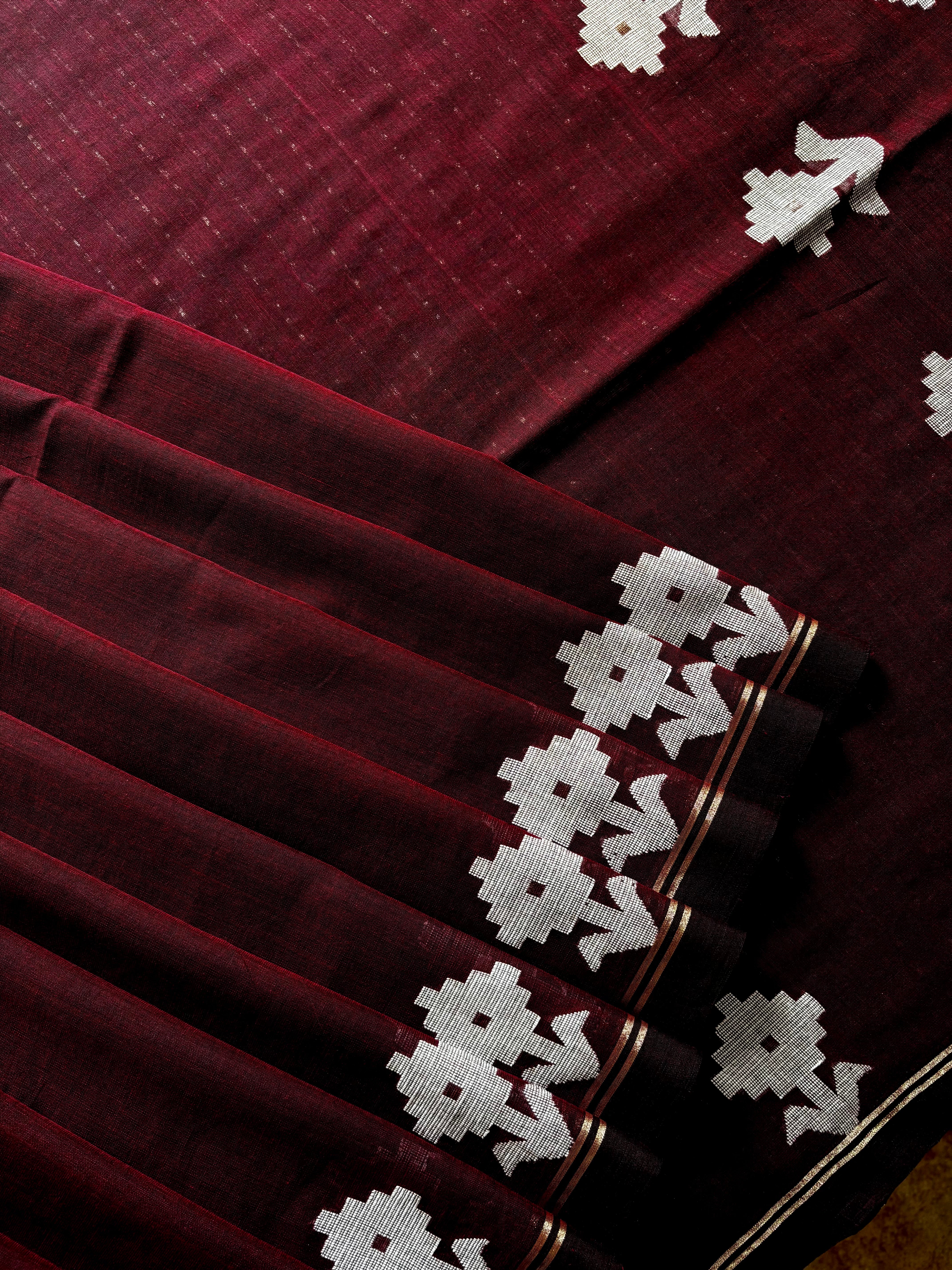 Handwoven Wine Colour Cotton Jamdani Saree