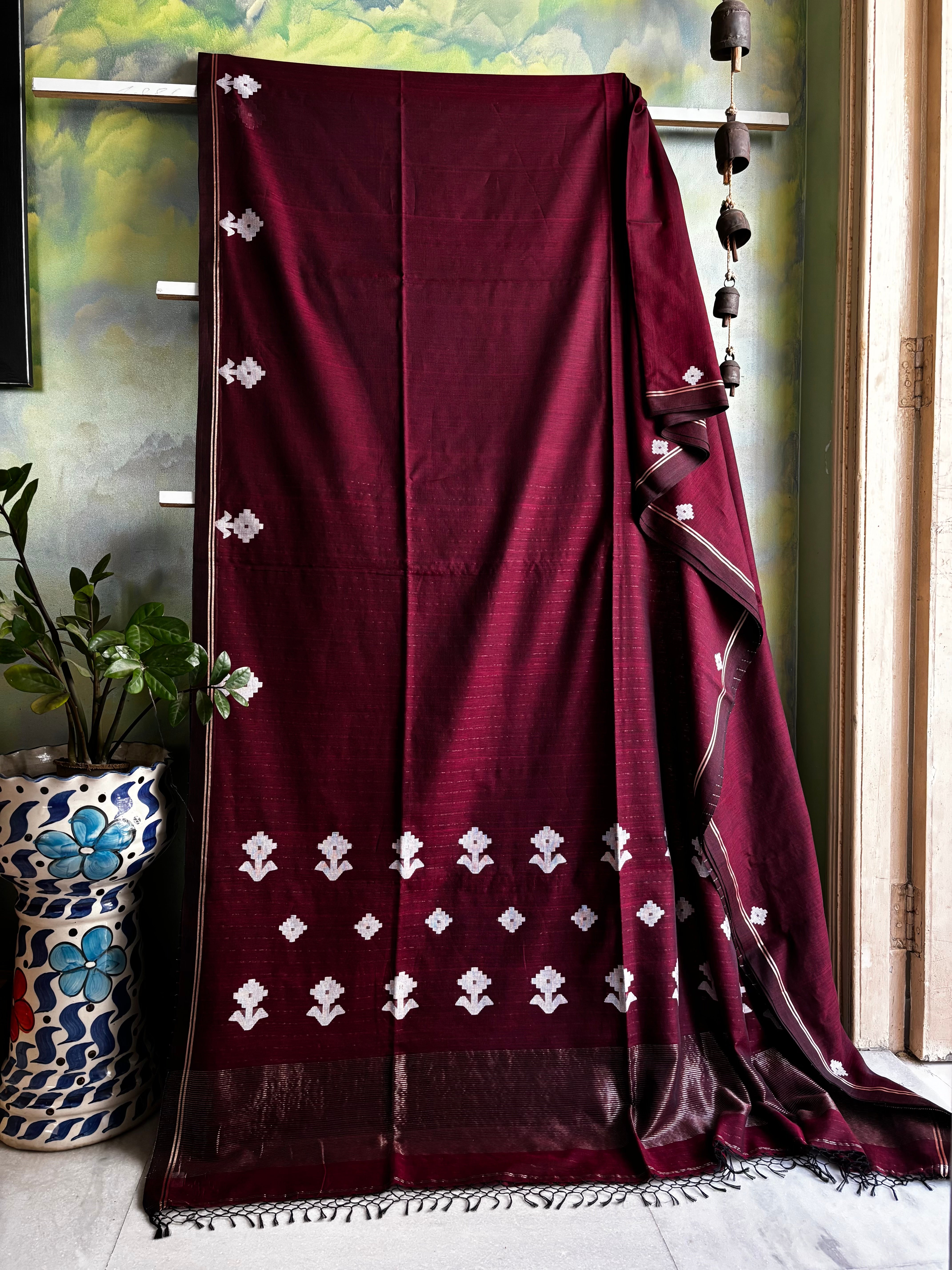 Handwoven Wine Colour Cotton Jamdani Saree