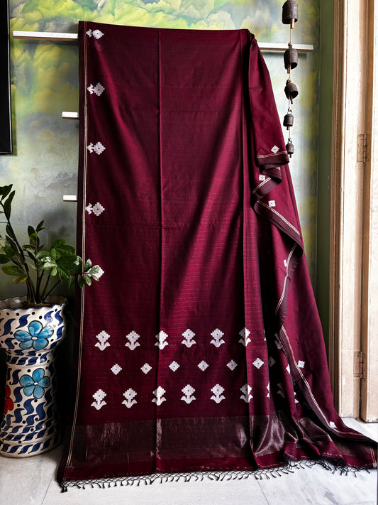 Handwoven Wine Colour Cotton Jamdani Saree
