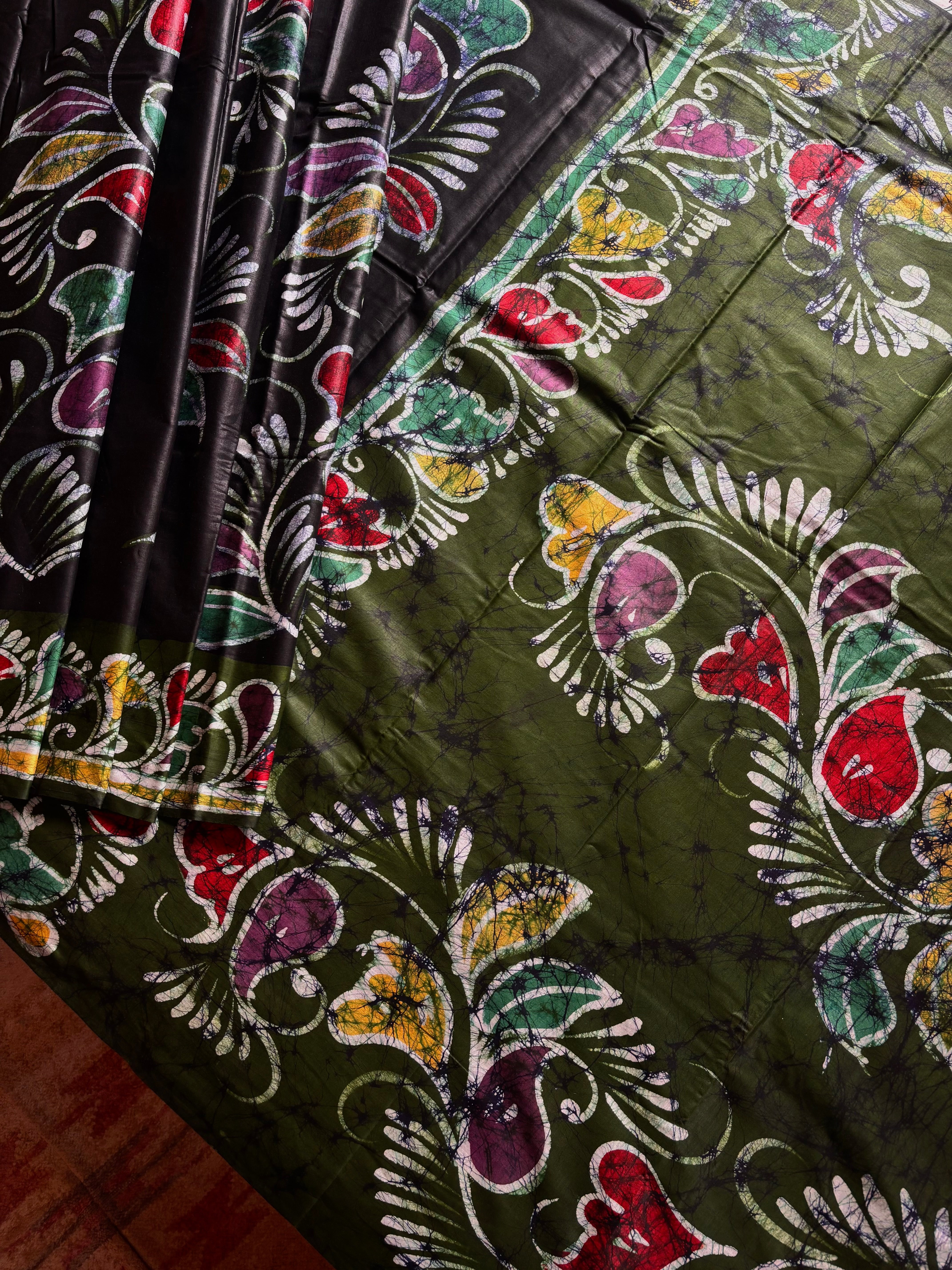 Handmade Black Green Cotton Batik Saree