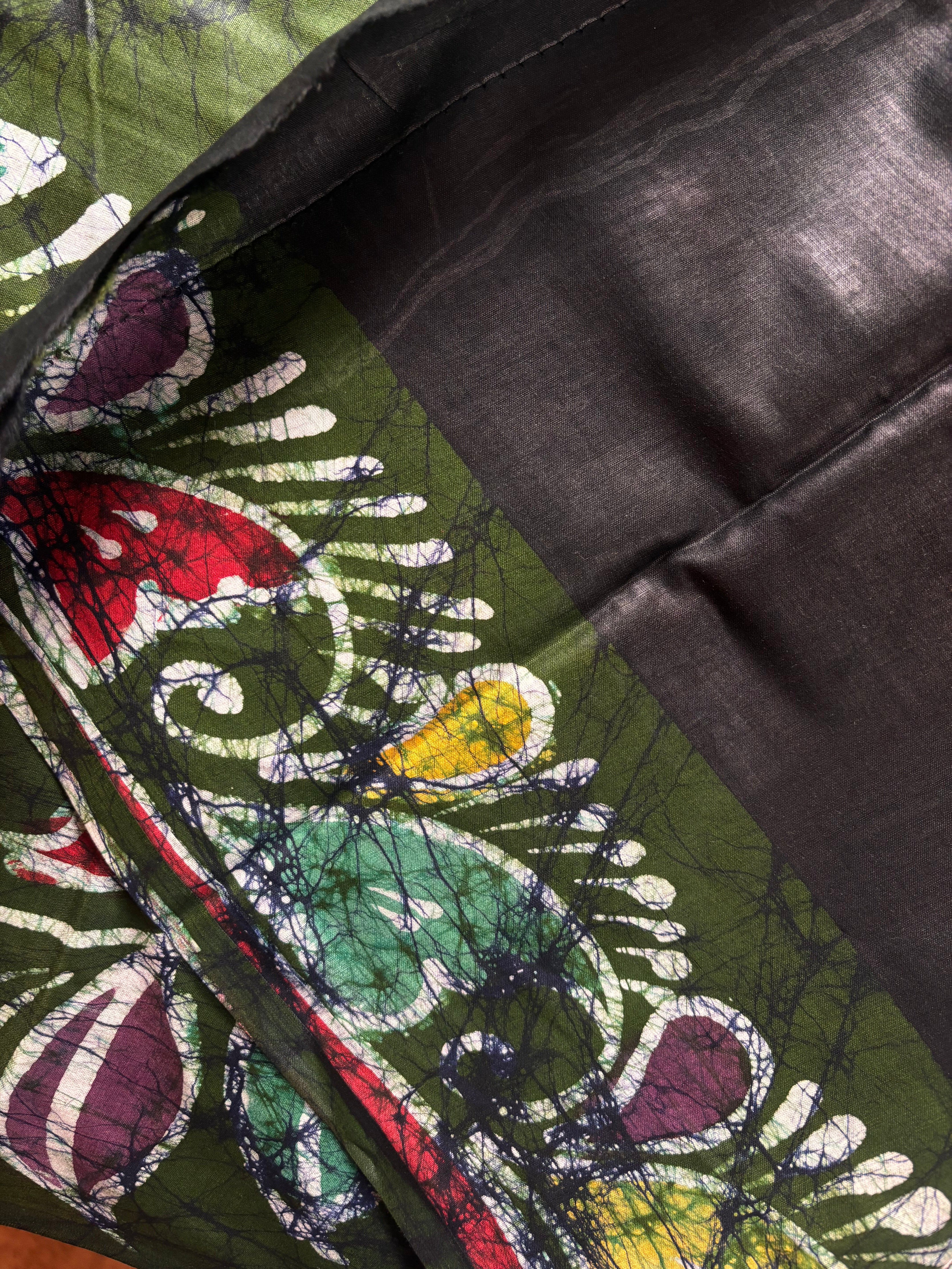Handmade Black Green Cotton Batik Saree