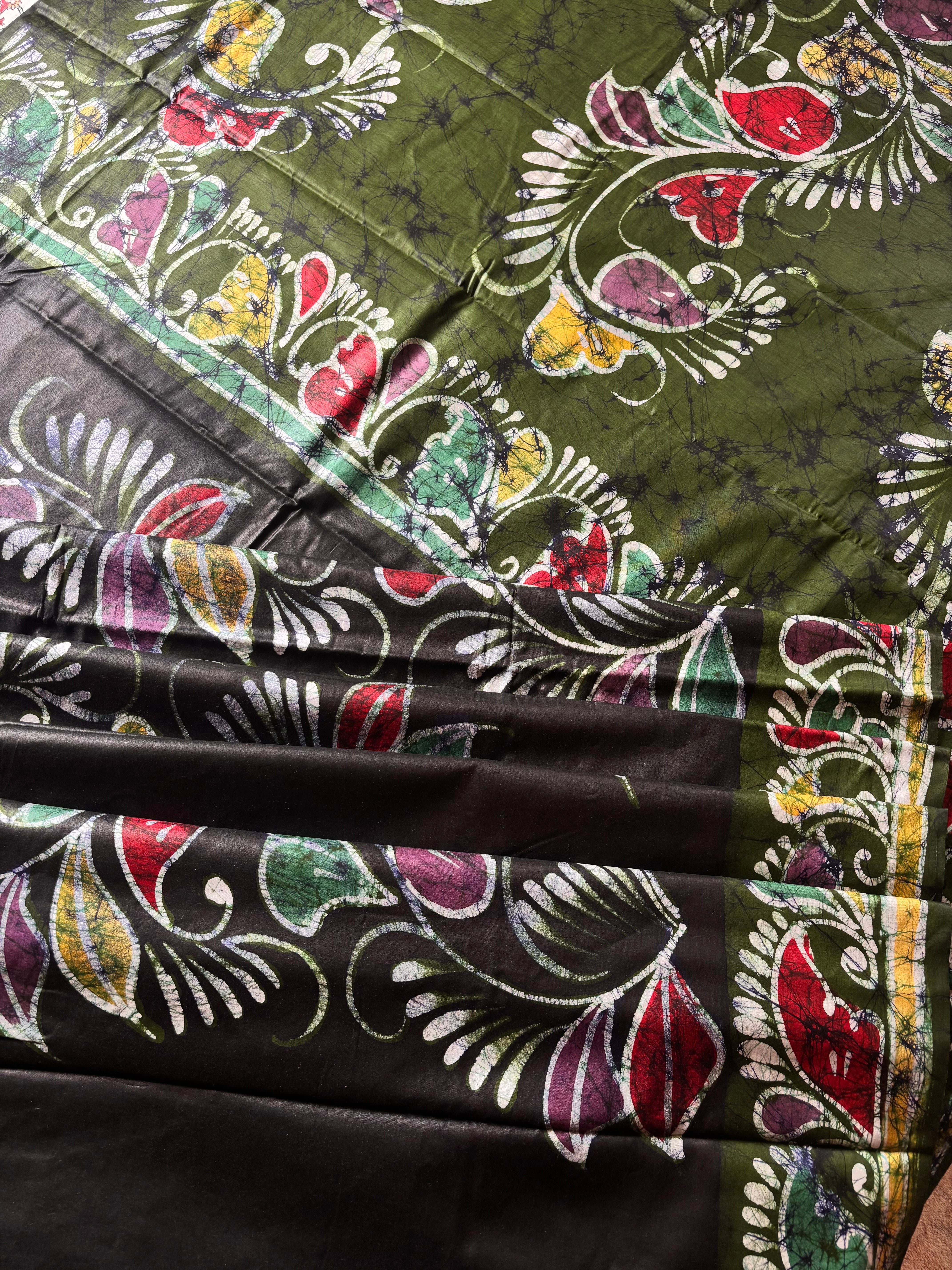 Handmade Black Green Cotton Batik Saree