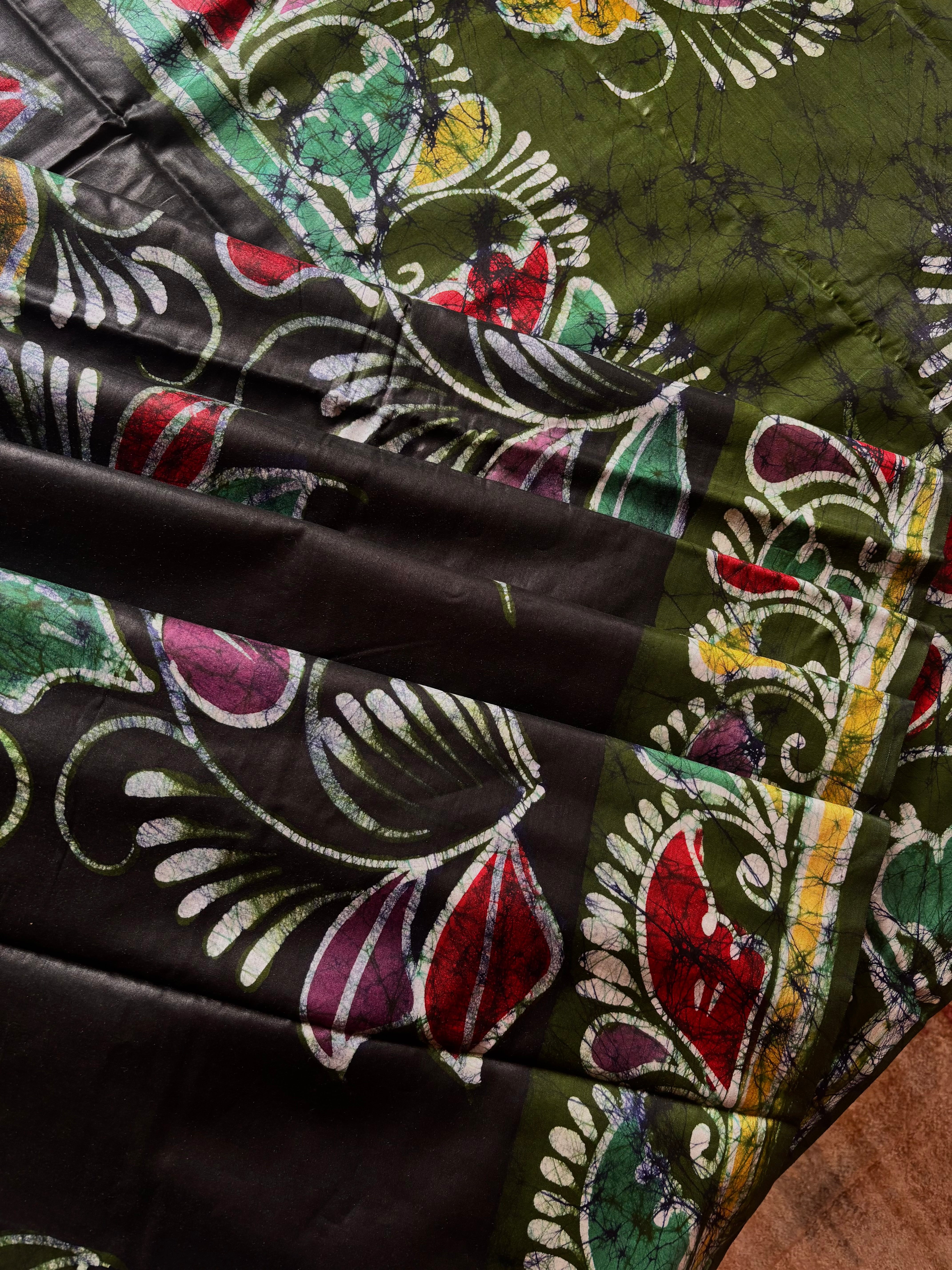 Handmade Black Green Cotton Batik Saree