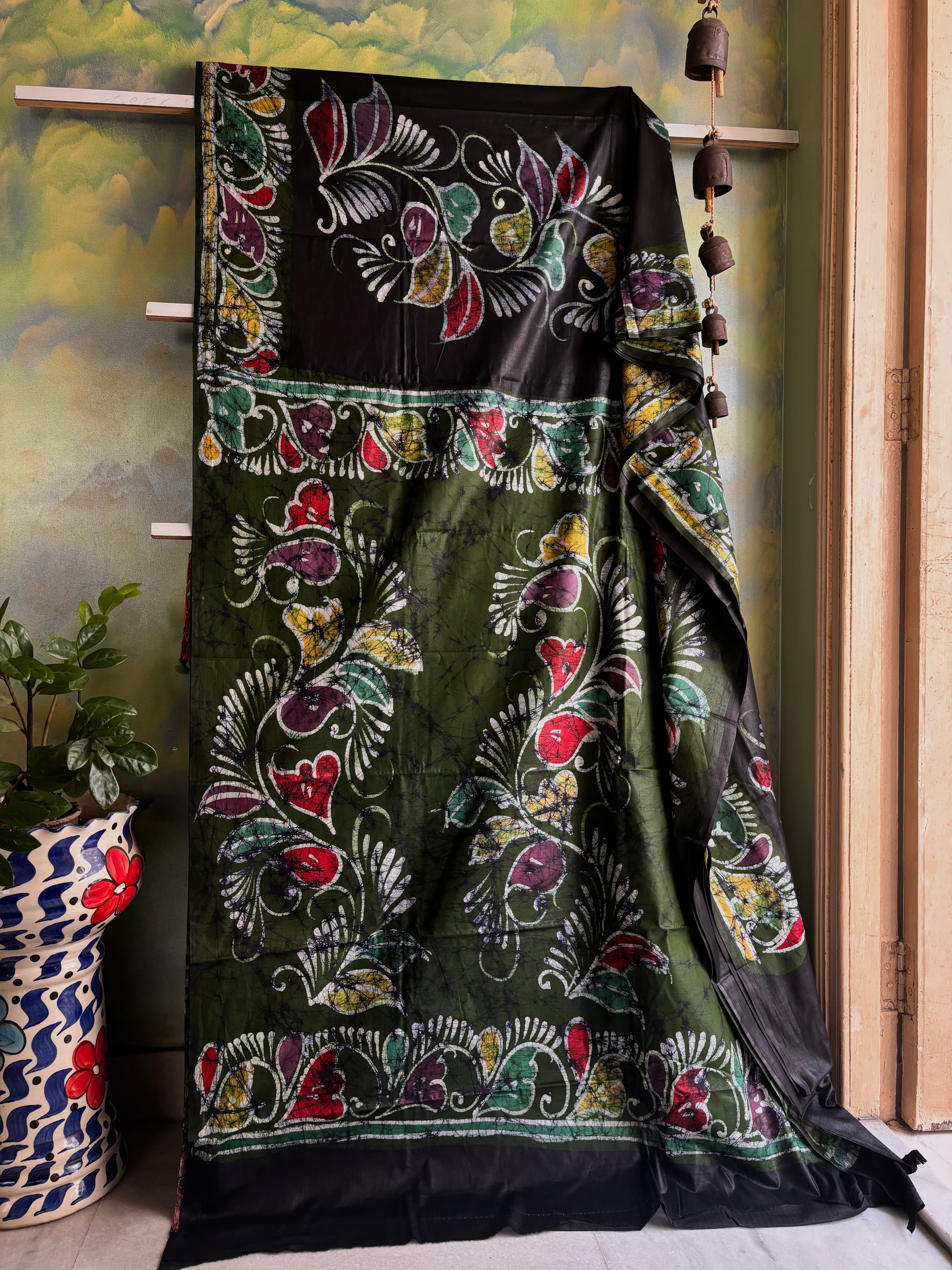 Handmade Black Green Cotton Batik Saree