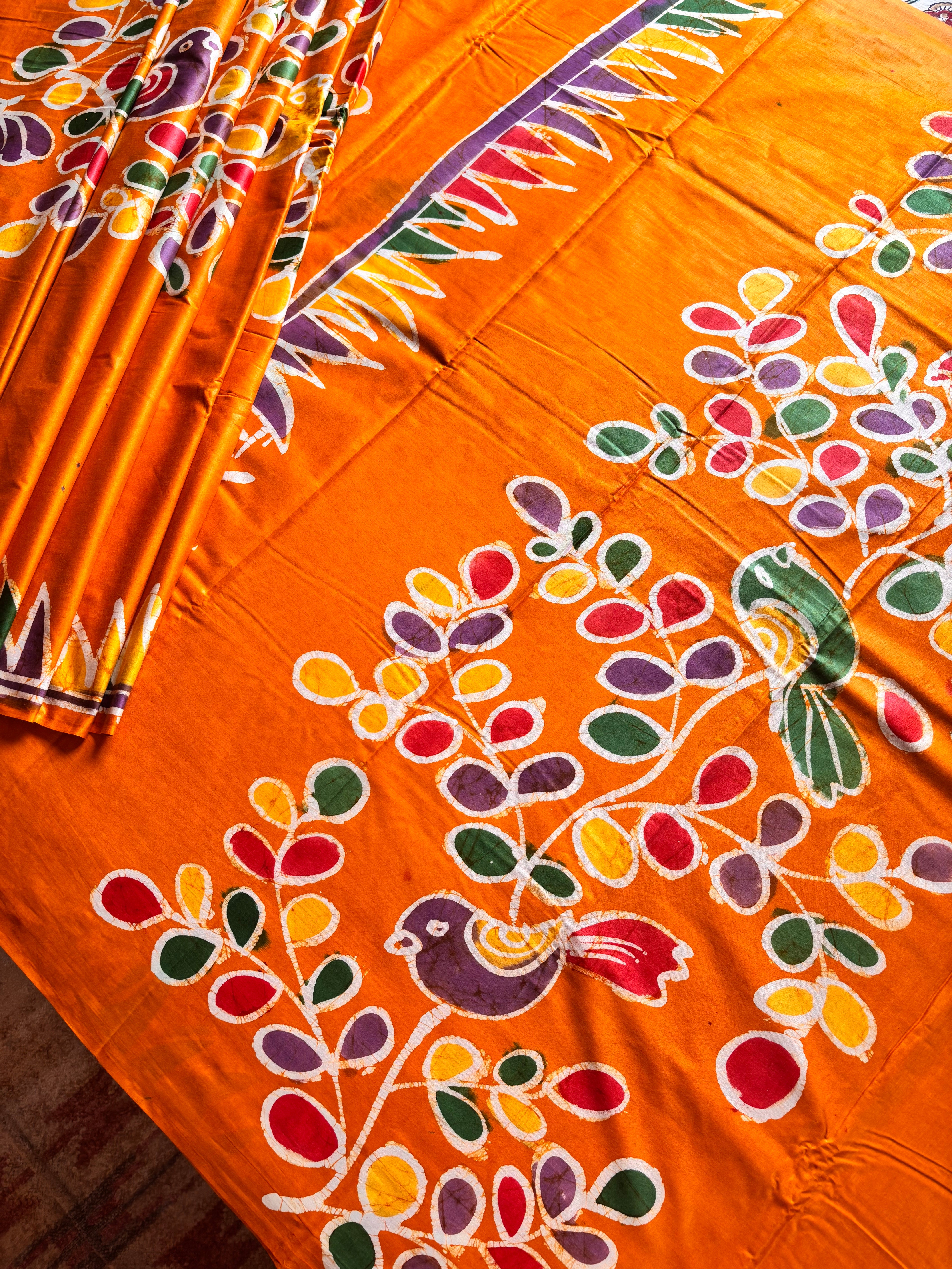 Handmade Orangish Yellow Colour Cotton Batik Saree