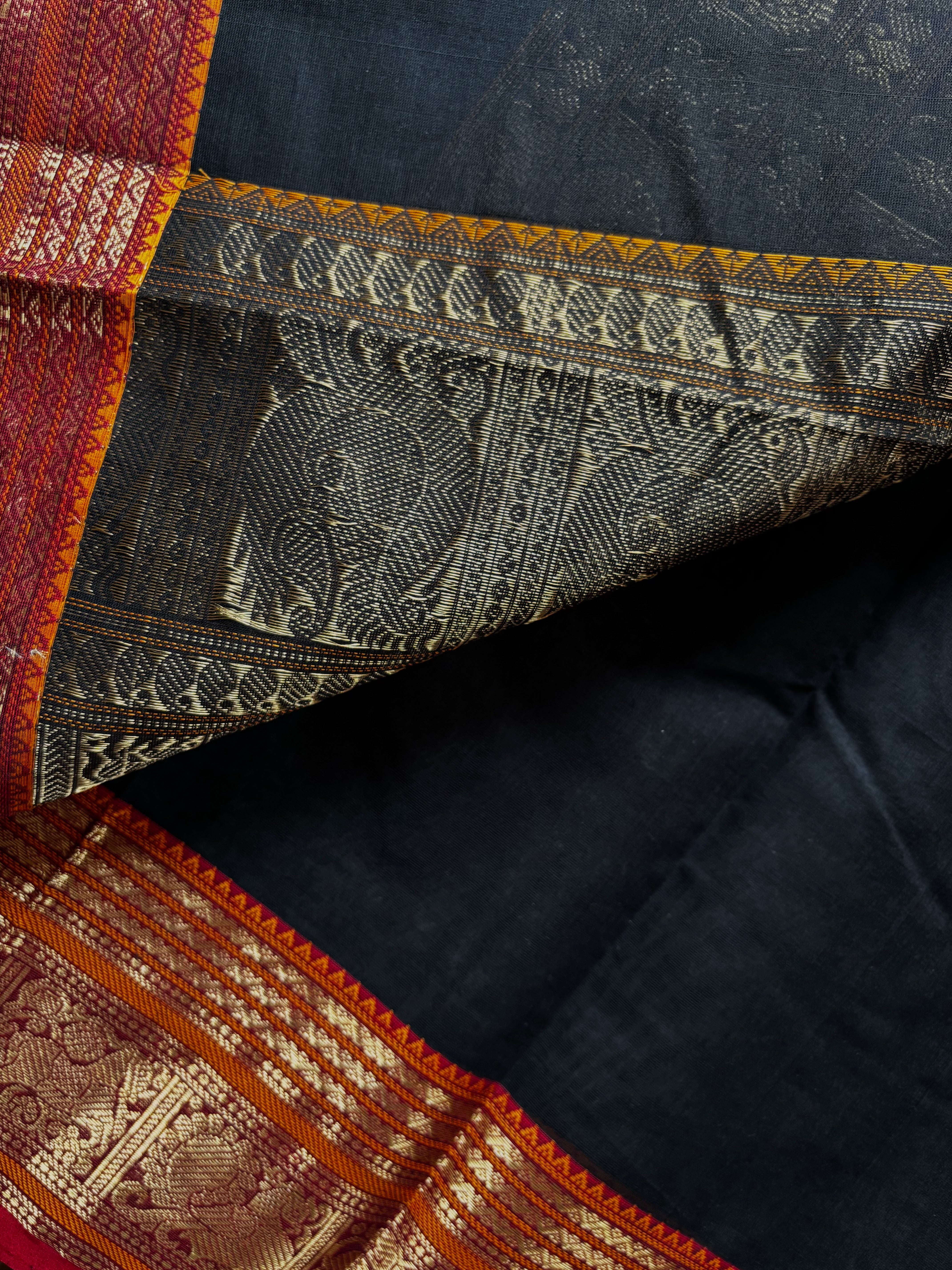 Handwoven Black Colour Cotton Kanchipuram Saree