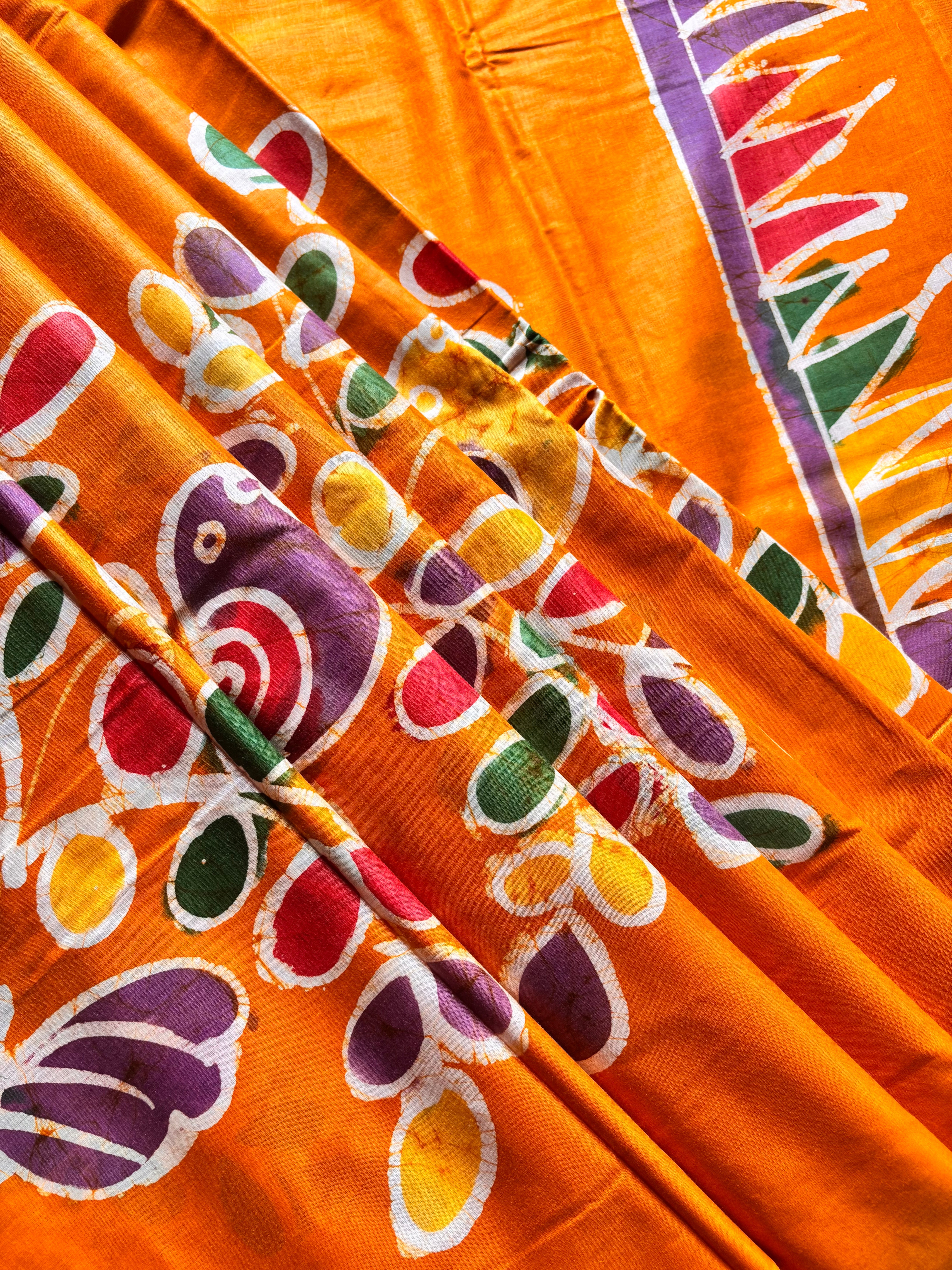 Handmade Orangish Yellow Colour Cotton Batik Saree