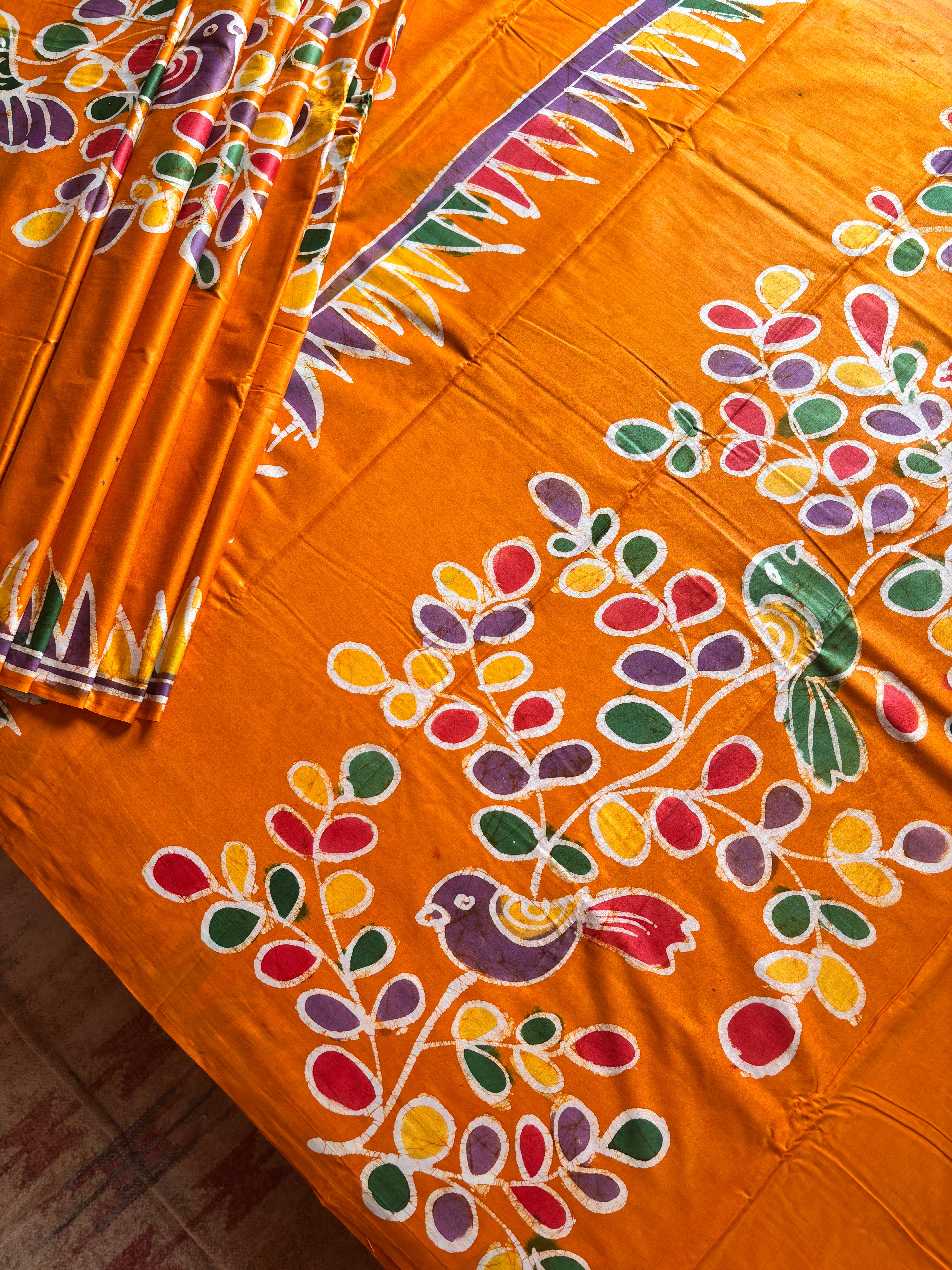 Handmade Orangish Yellow Colour Cotton Batik Saree