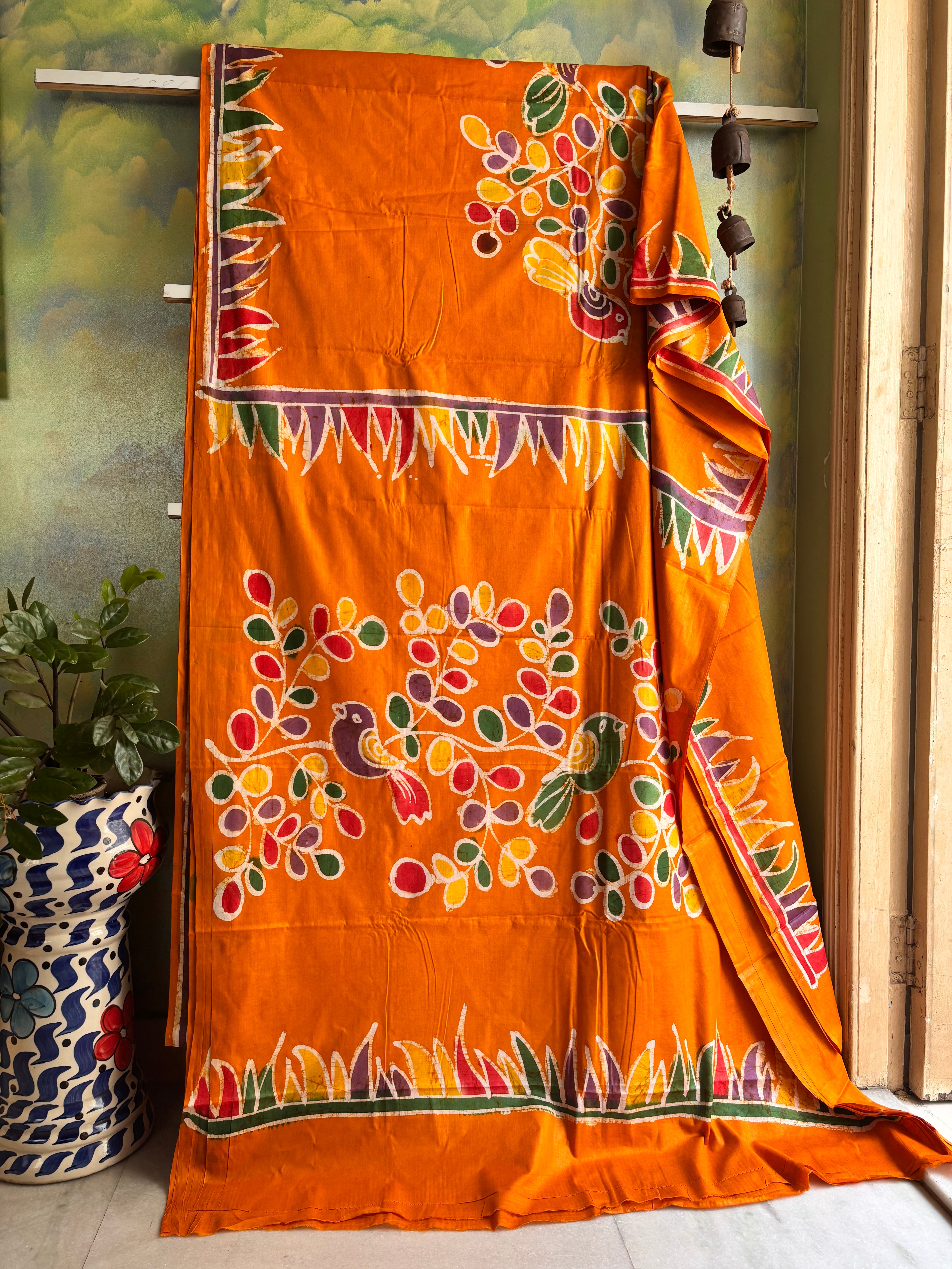 Handmade Orangish Yellow Colour Cotton Batik Saree