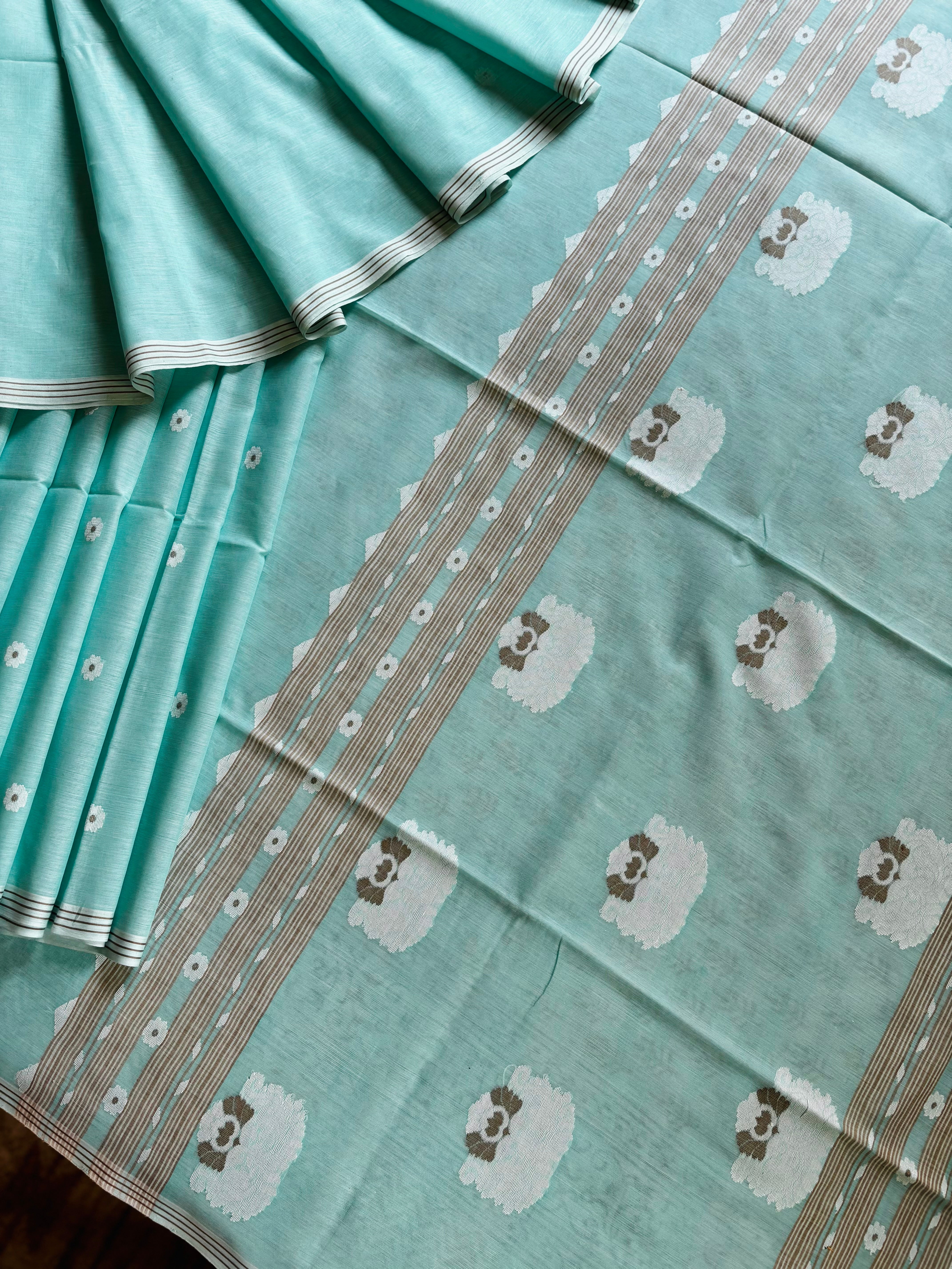 Handwoven Bluish Mint Green Cotton Jamdani Saree