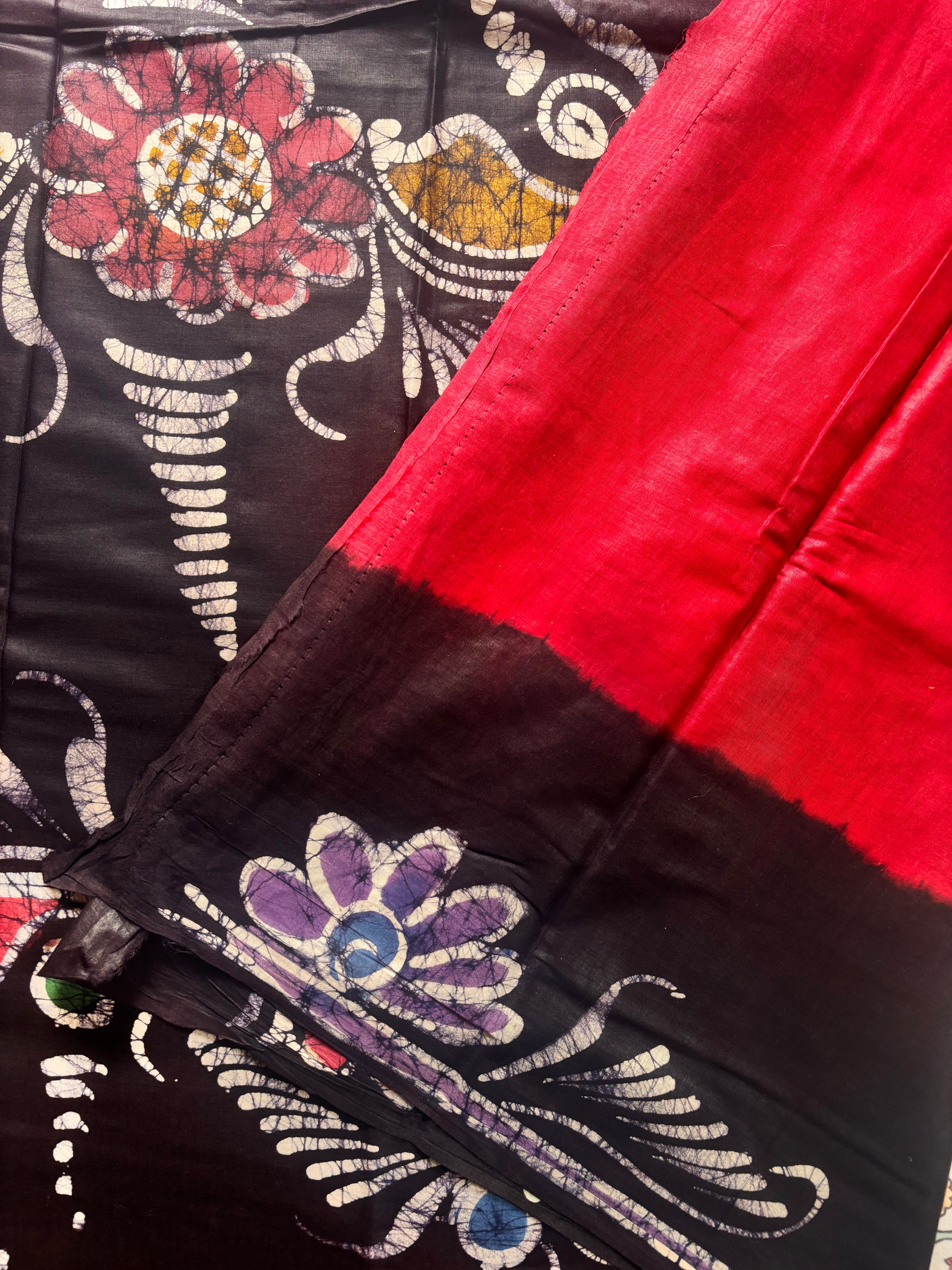 Handmade Dark Red Cotton Batik Saree