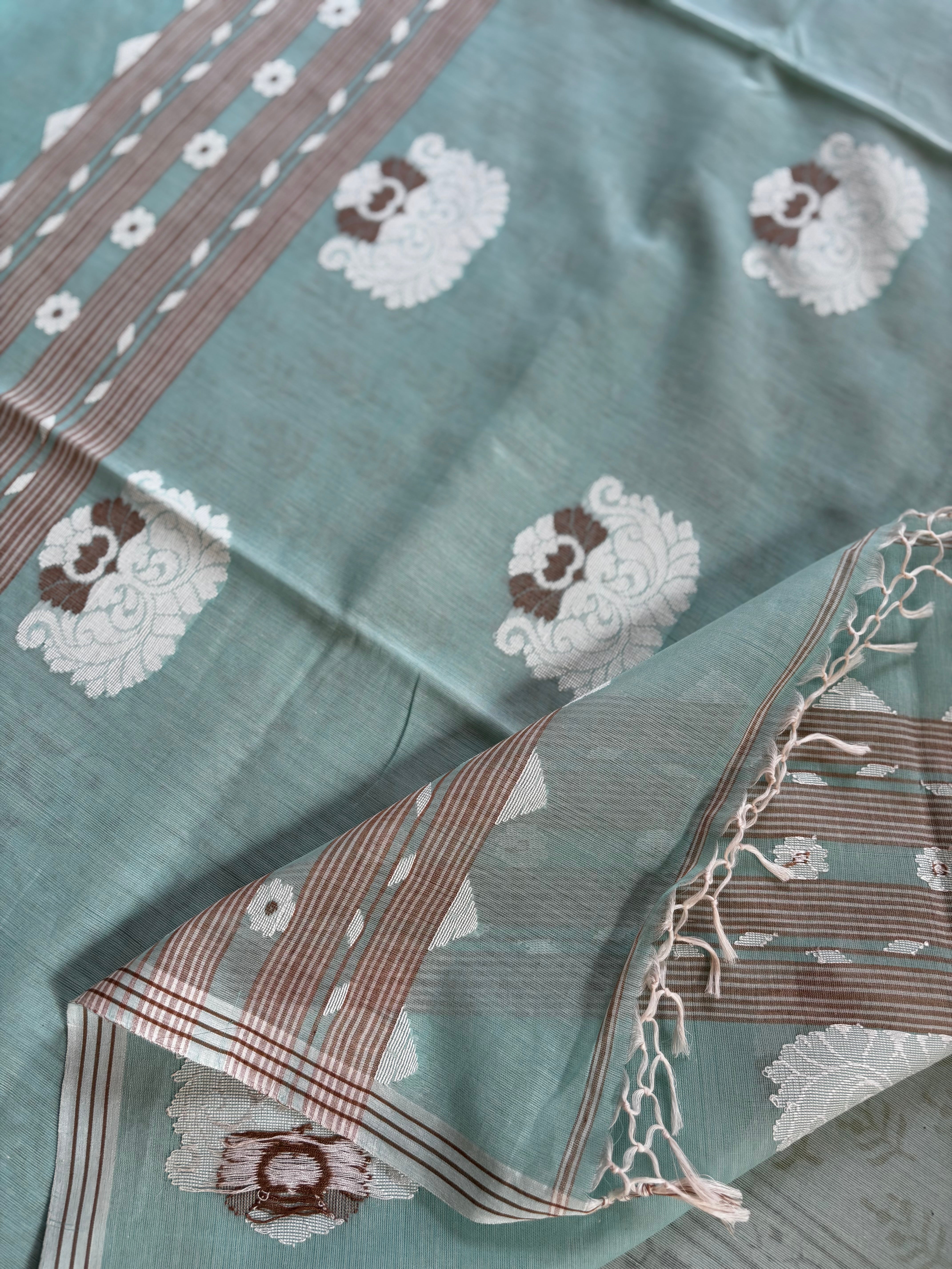 Handwoven Bluish Mint Green Cotton Jamdani Saree