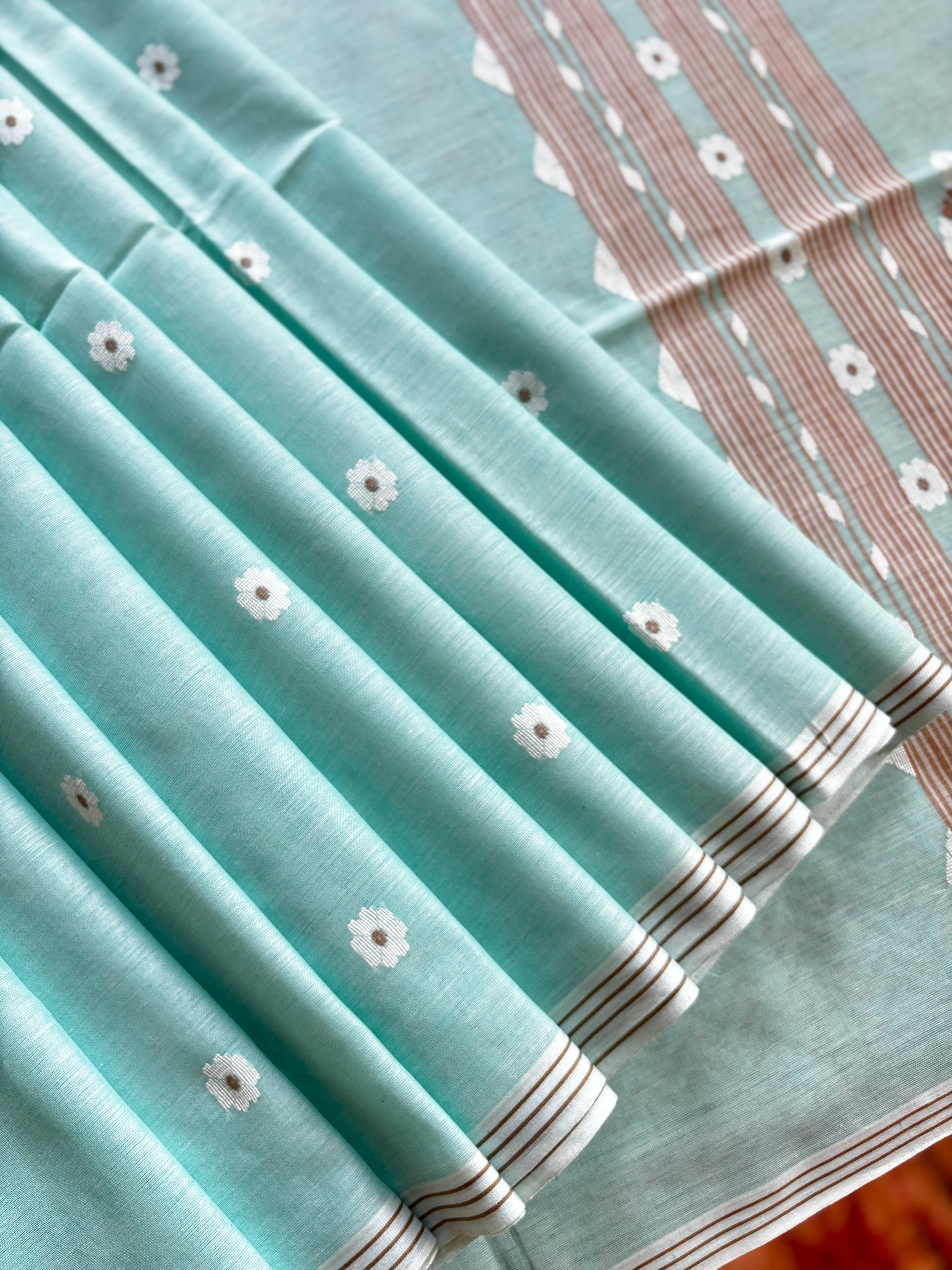 Handwoven Bluish Mint Green Cotton Jamdani Saree