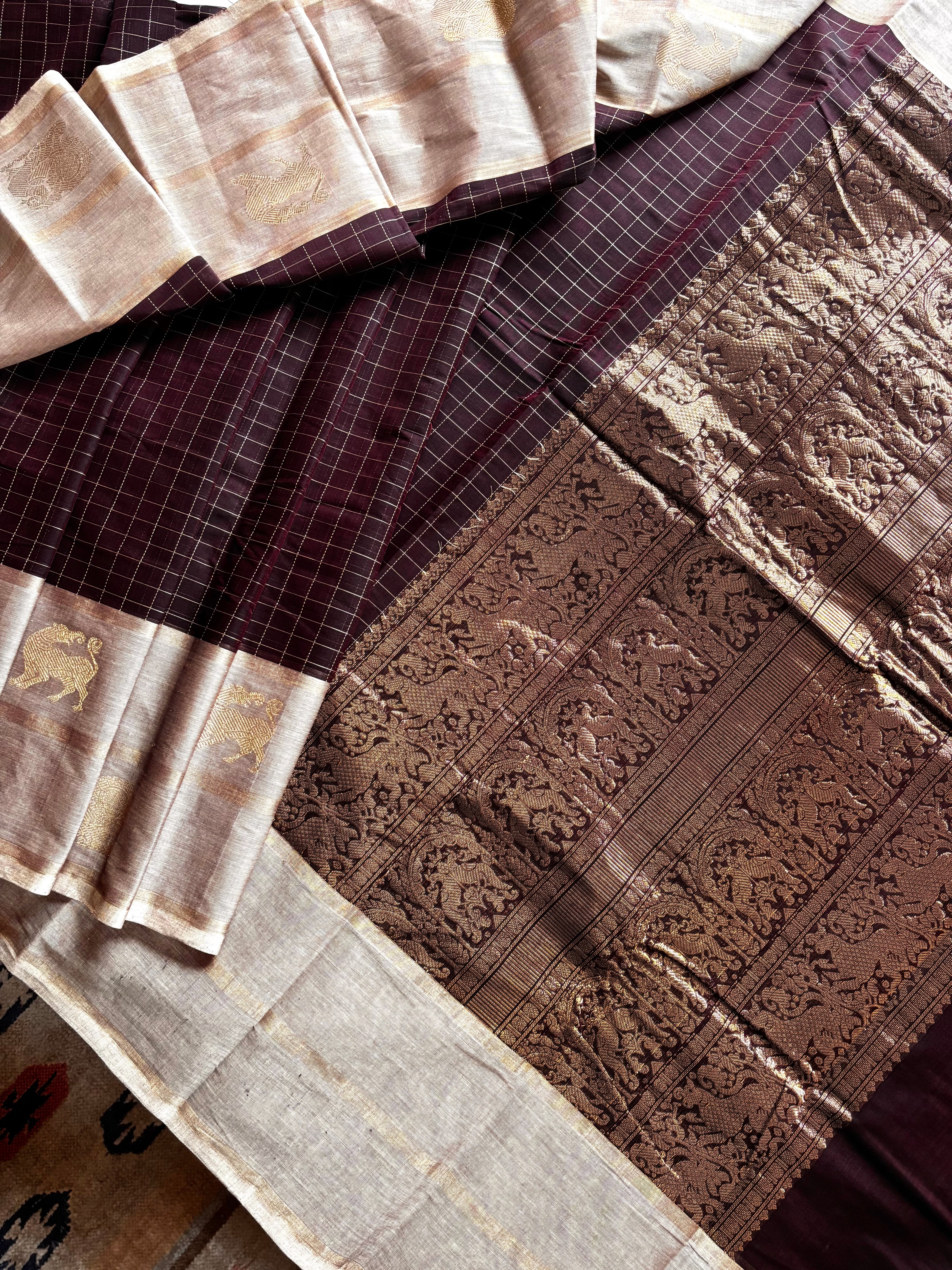 Handwoven Plum Colour Cotton Kanchipuram Saree