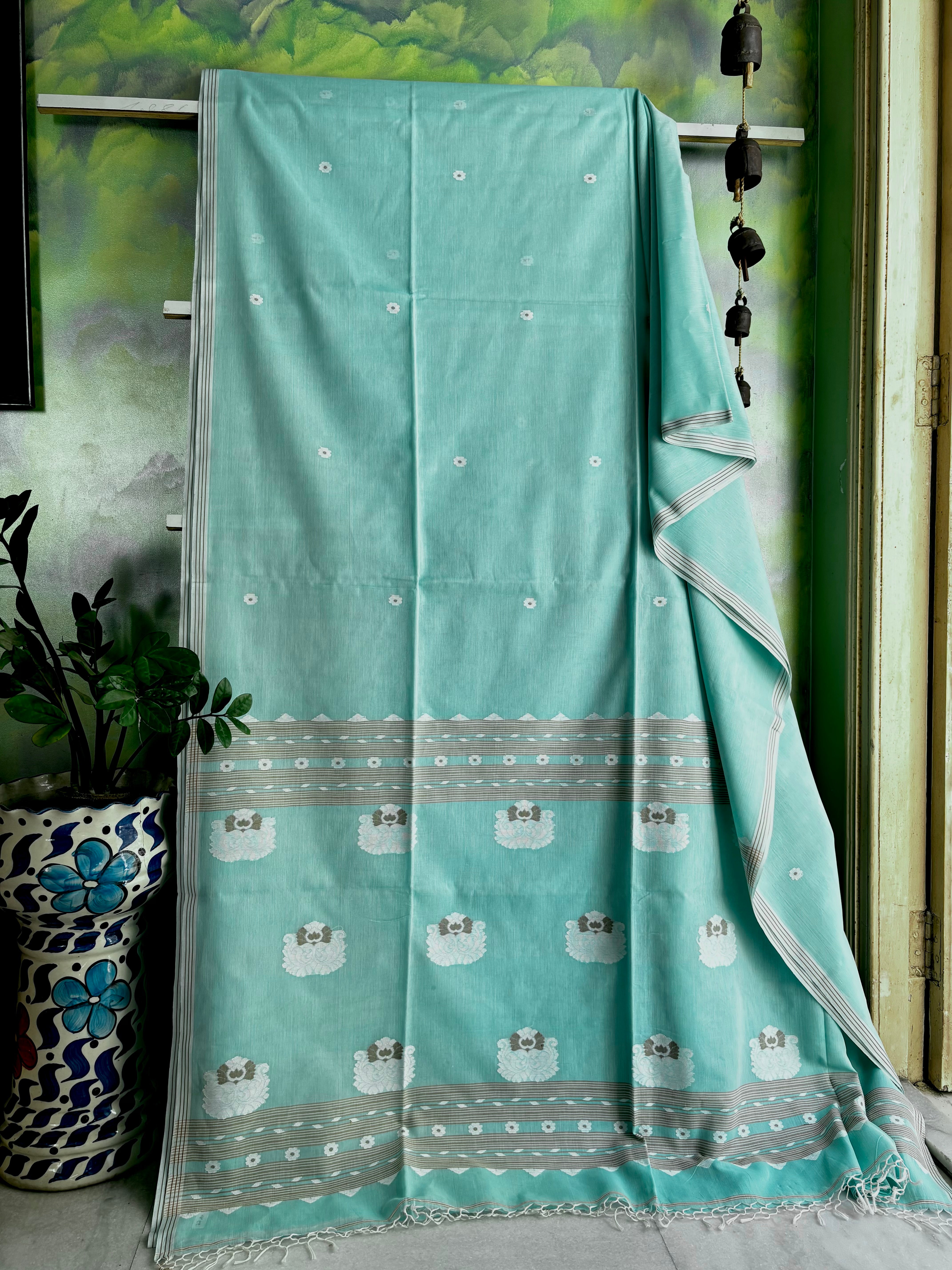 Handwoven Bluish Mint Green Cotton Jamdani Saree