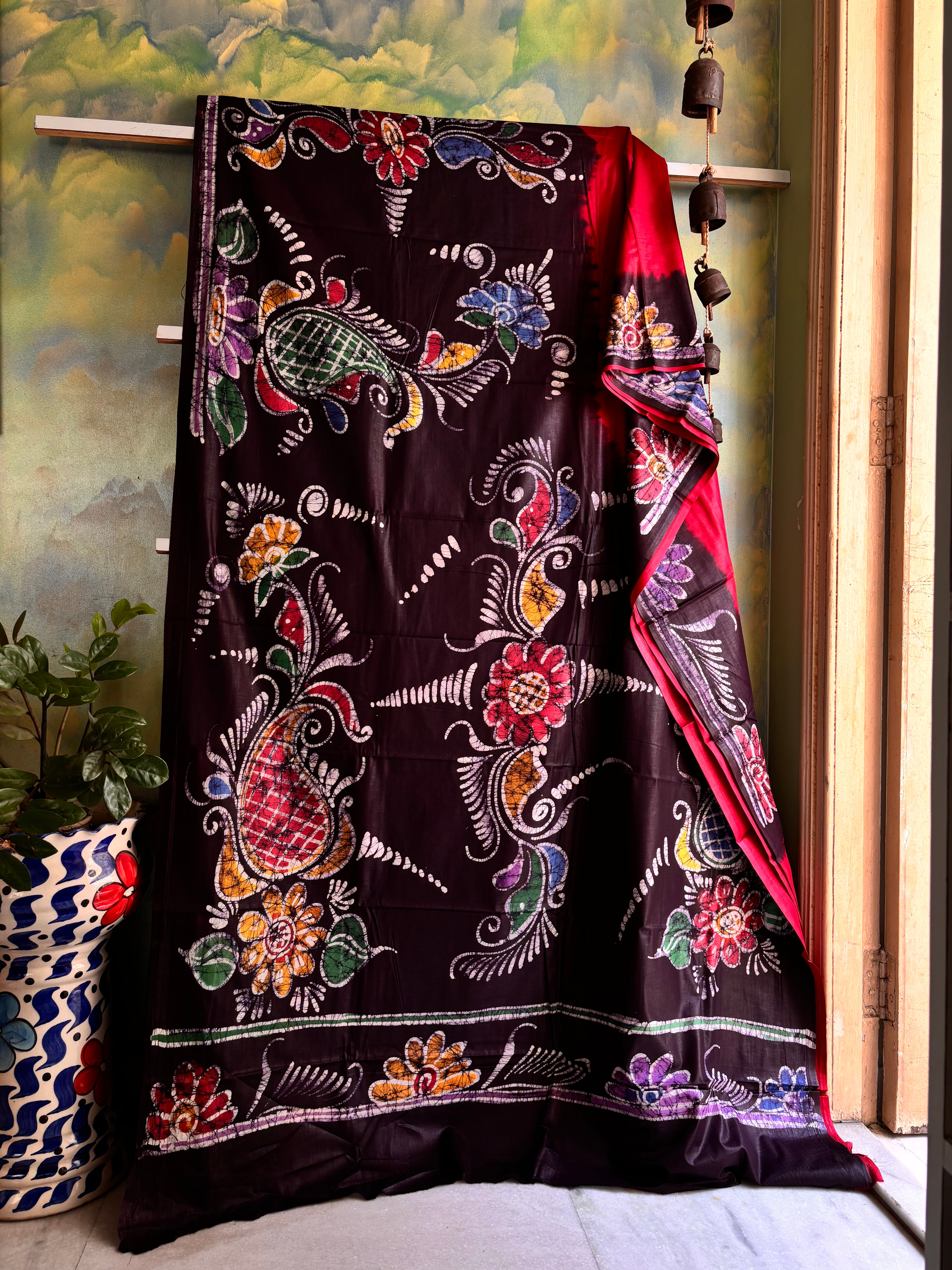 Handmade Dark Red Cotton Batik Saree