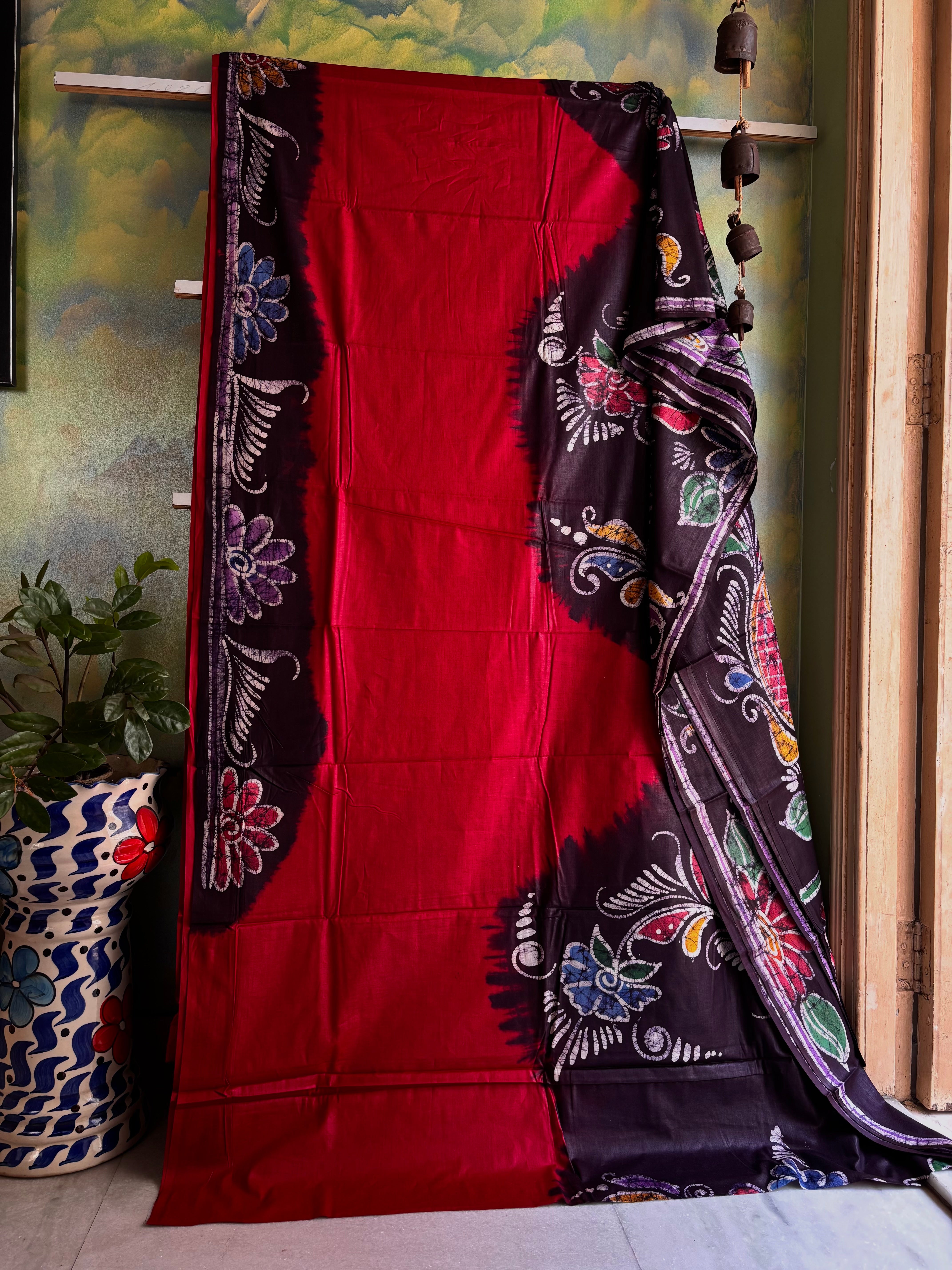 Handmade Dark Red Cotton Batik Saree