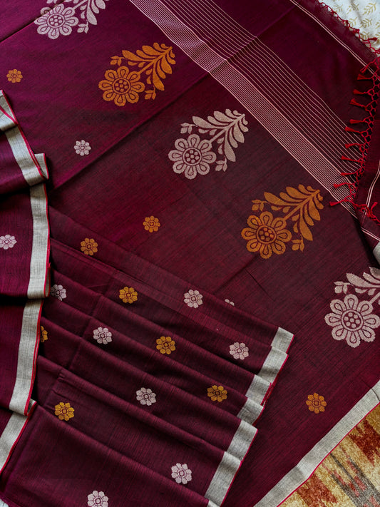 Handwoven Maroon Cotton Jamdani Saree