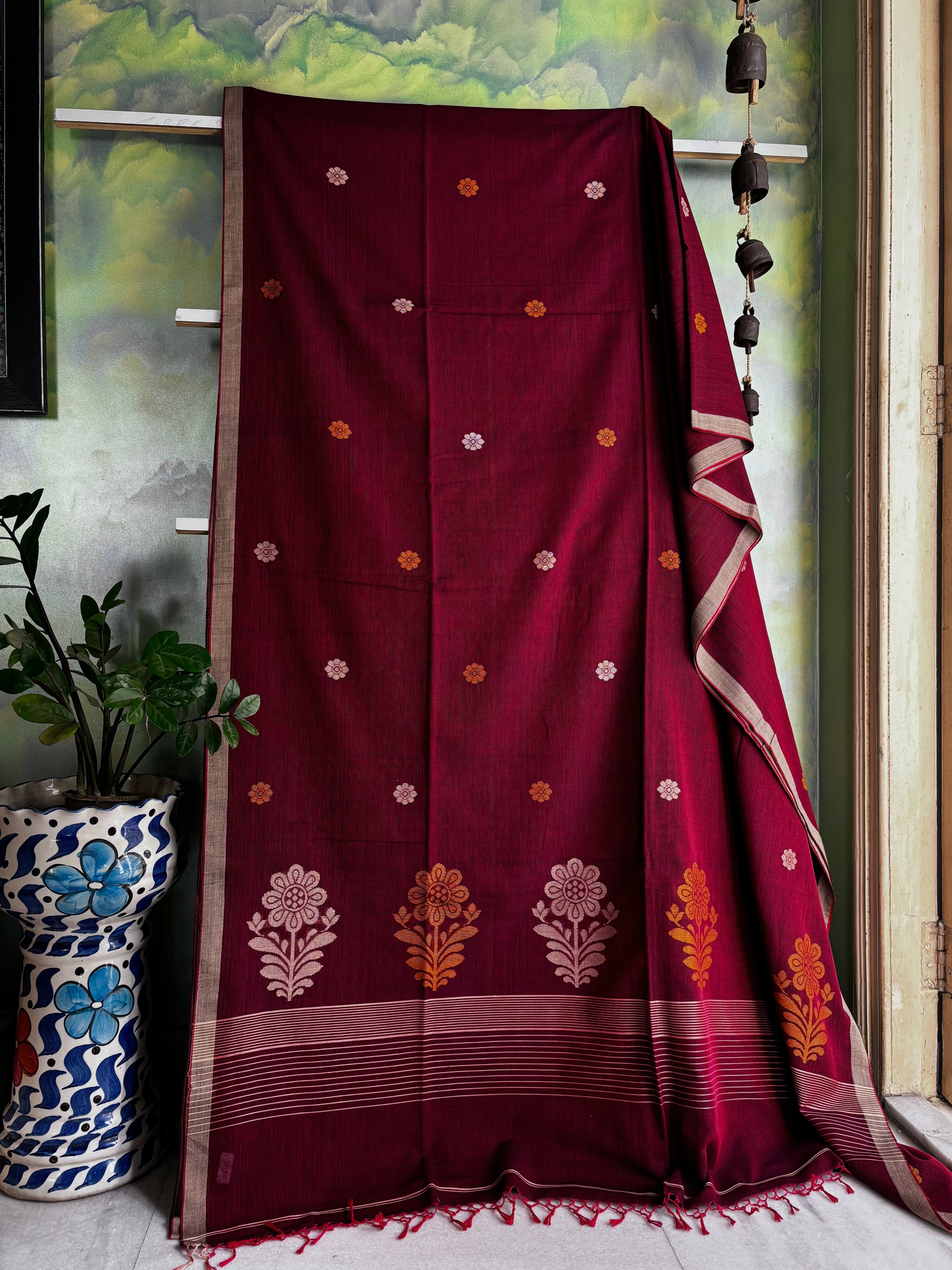 Handwoven Maroon Cotton Jamdani Saree