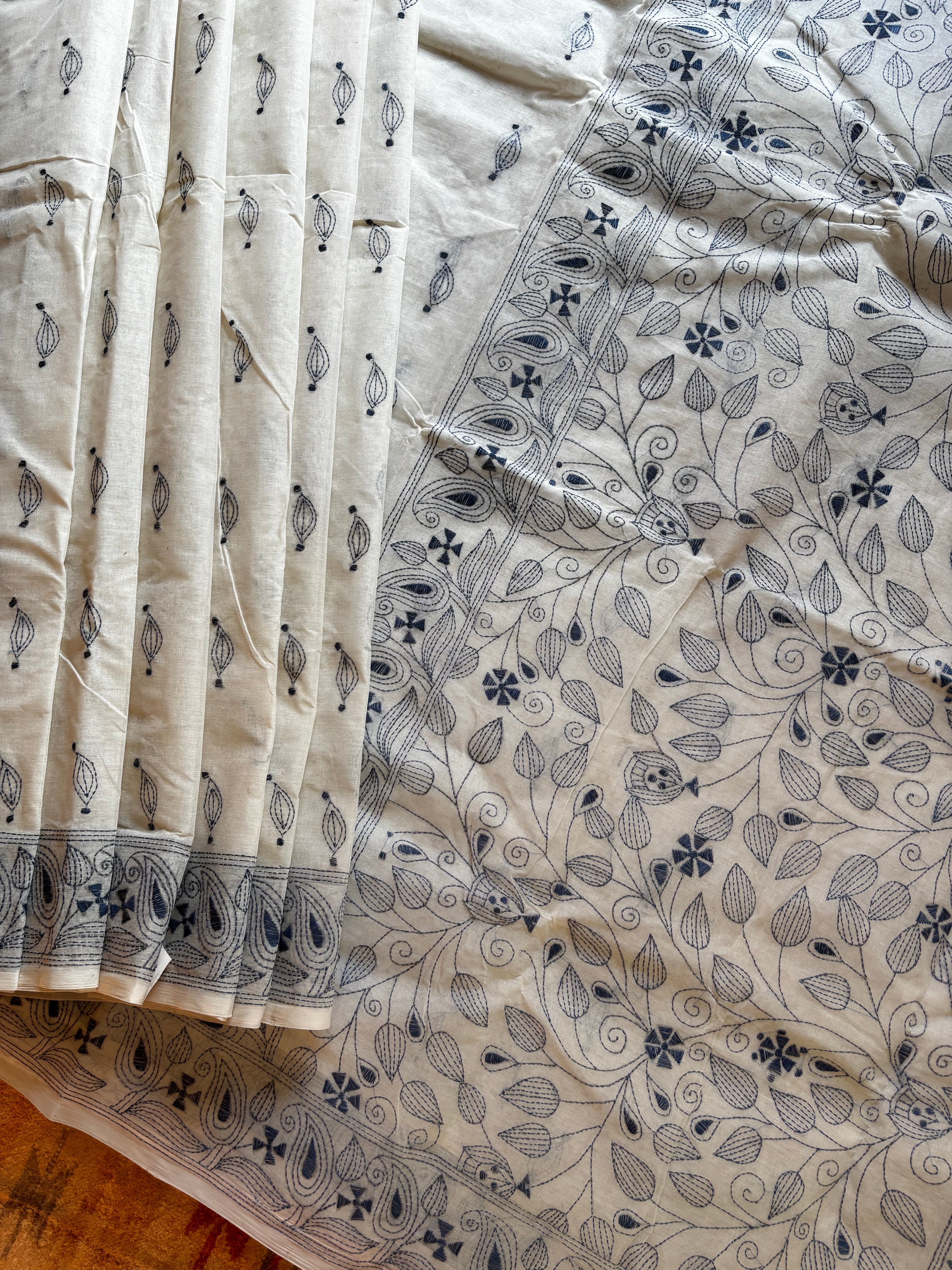 Handmade White Blue Kantha Cotton Saree