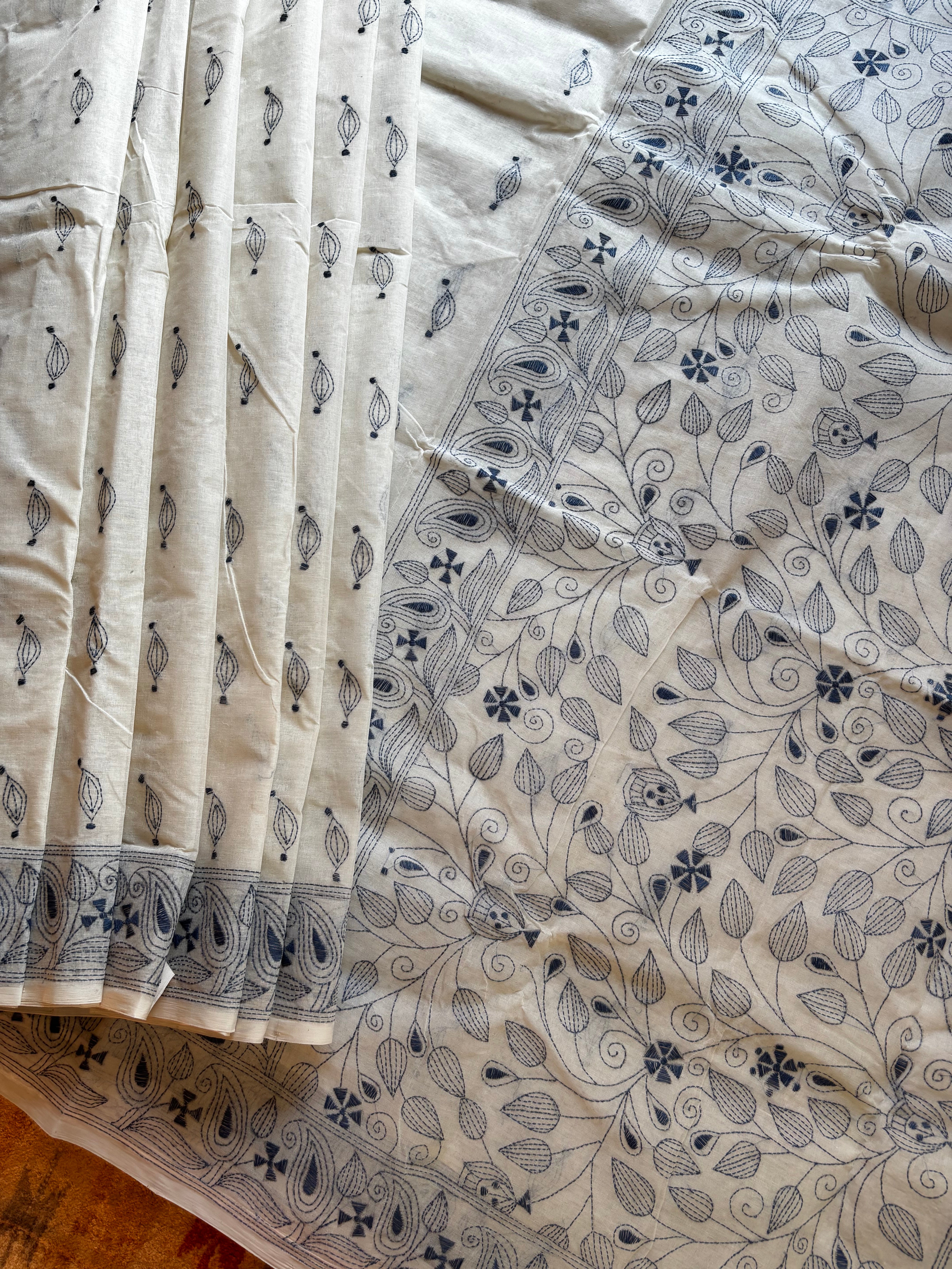 Handmade White Blue Kantha Cotton Saree