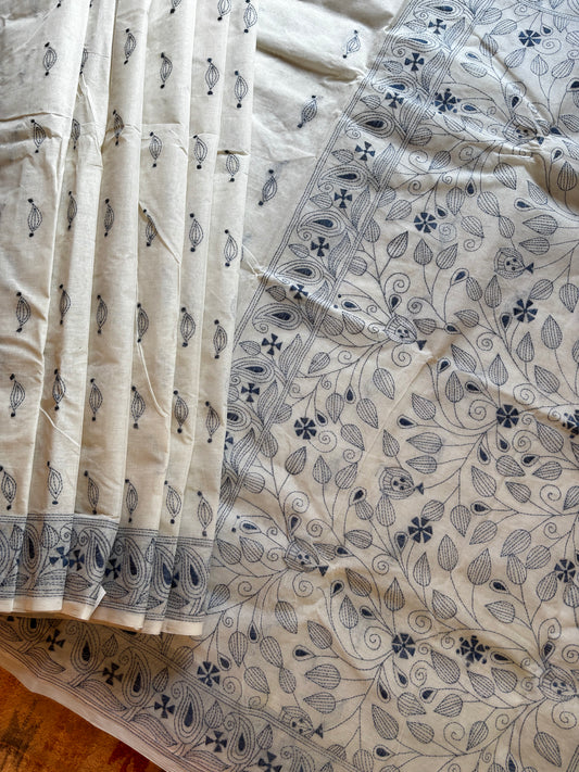 Handmade White Blue Kantha Cotton Saree