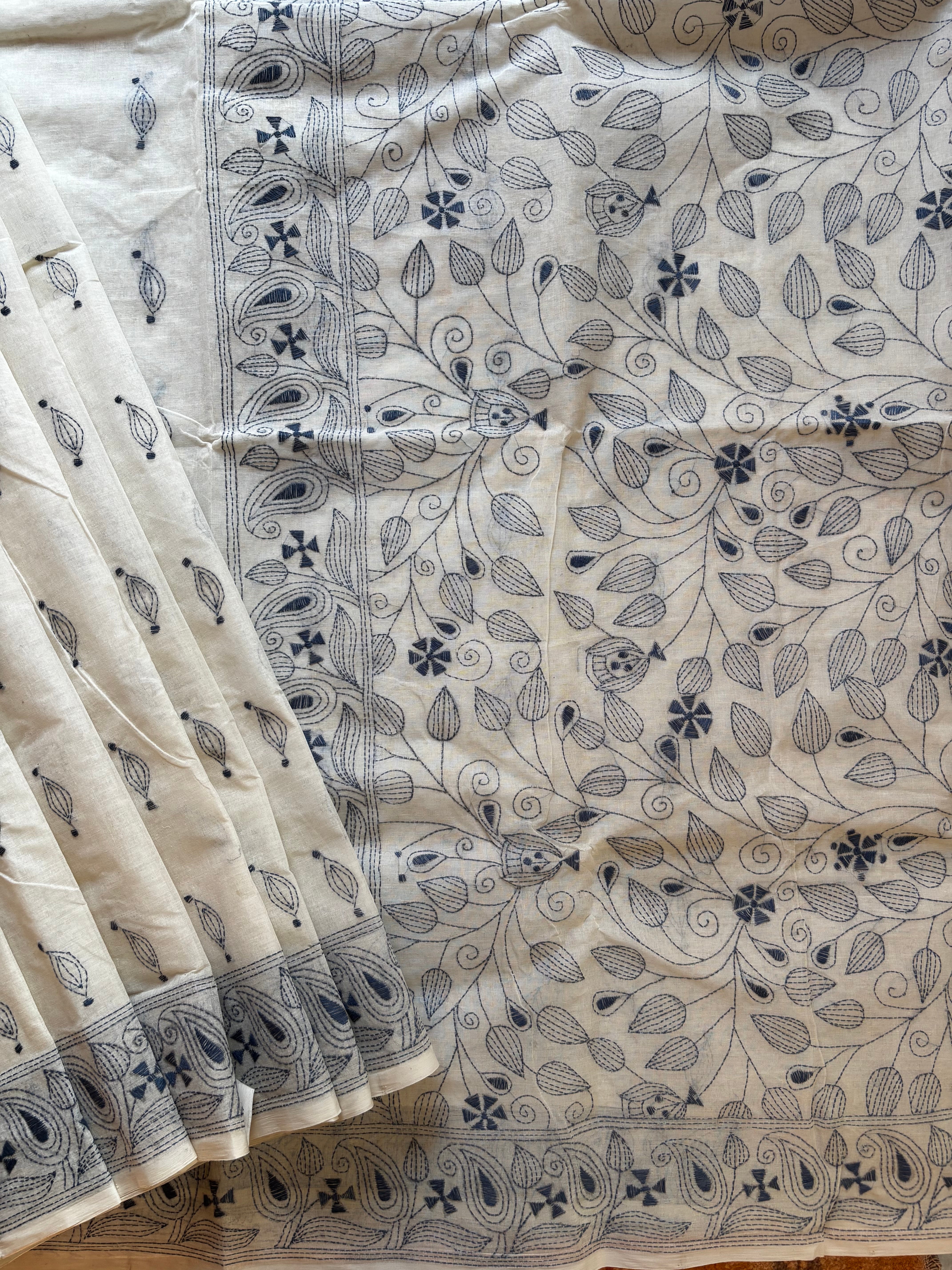 Handmade White Blue Kantha Cotton Saree