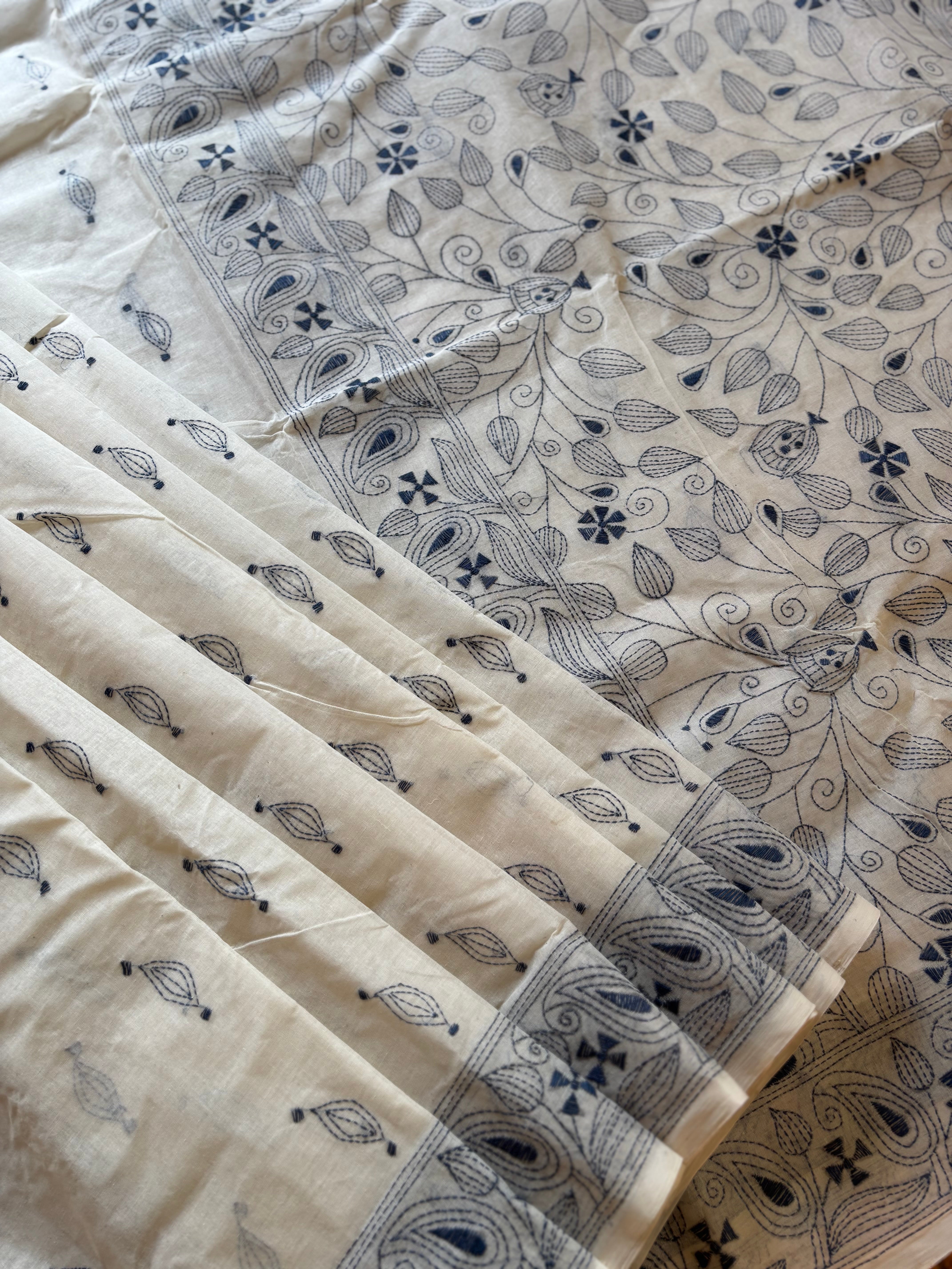 Handmade White Blue Kantha Cotton Saree