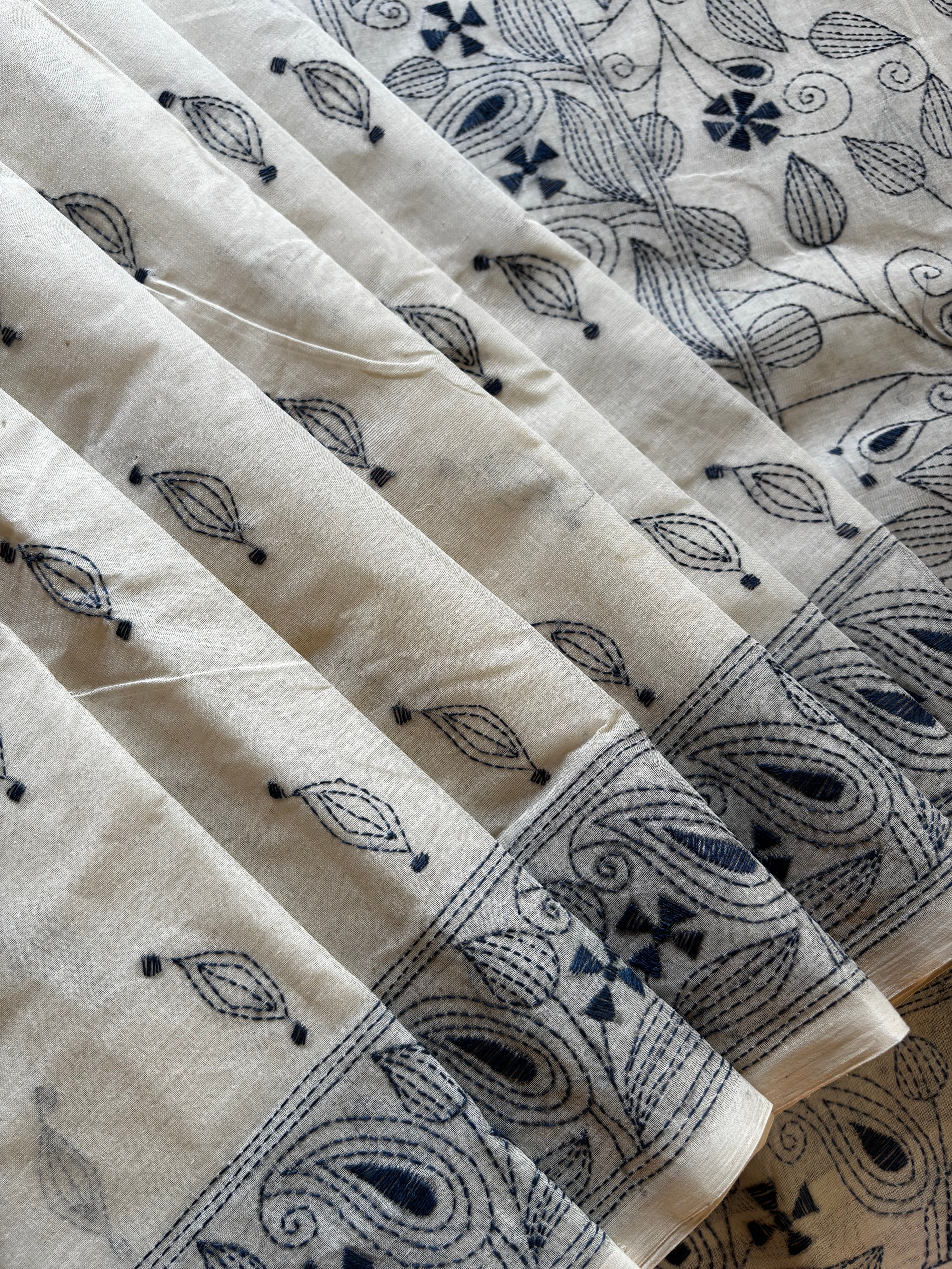 Handmade White Blue Kantha Cotton Saree