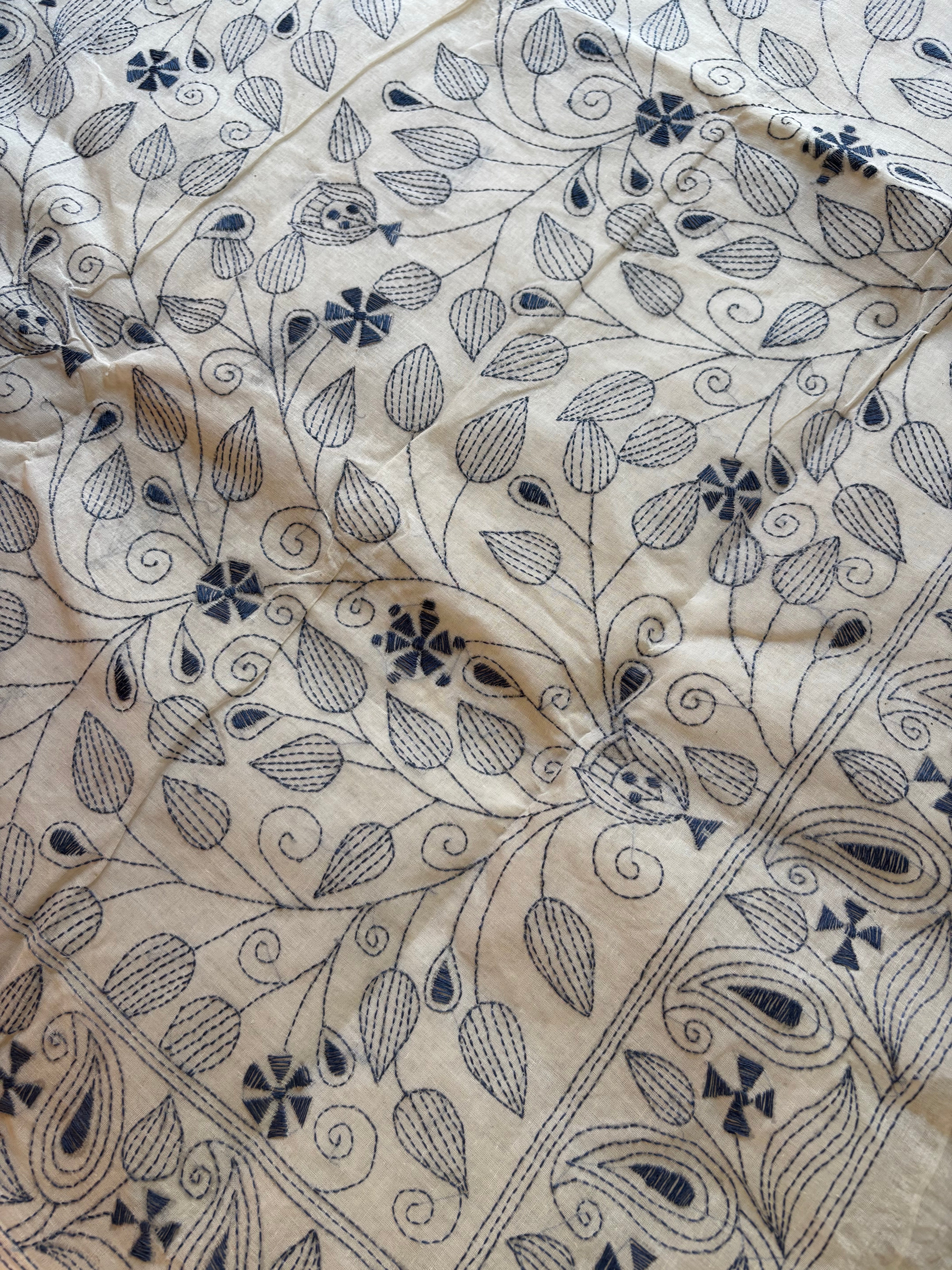 Handmade White Blue Kantha Cotton Saree