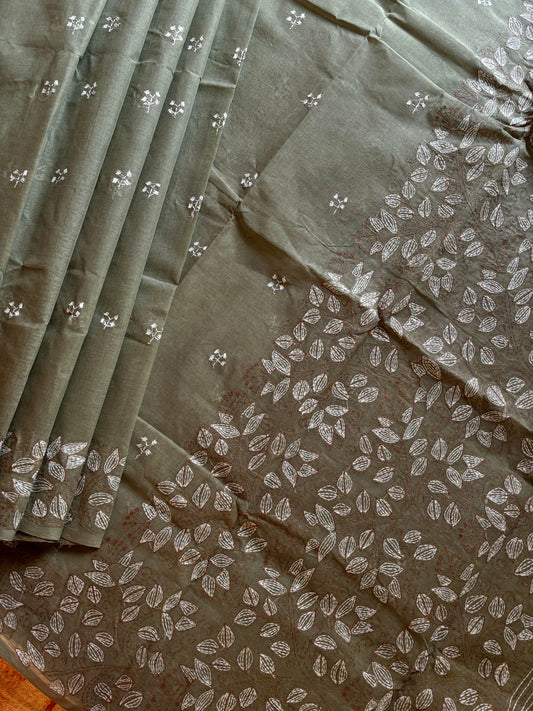 Handmade Sage Green Colour Cotton Kantha Saree
