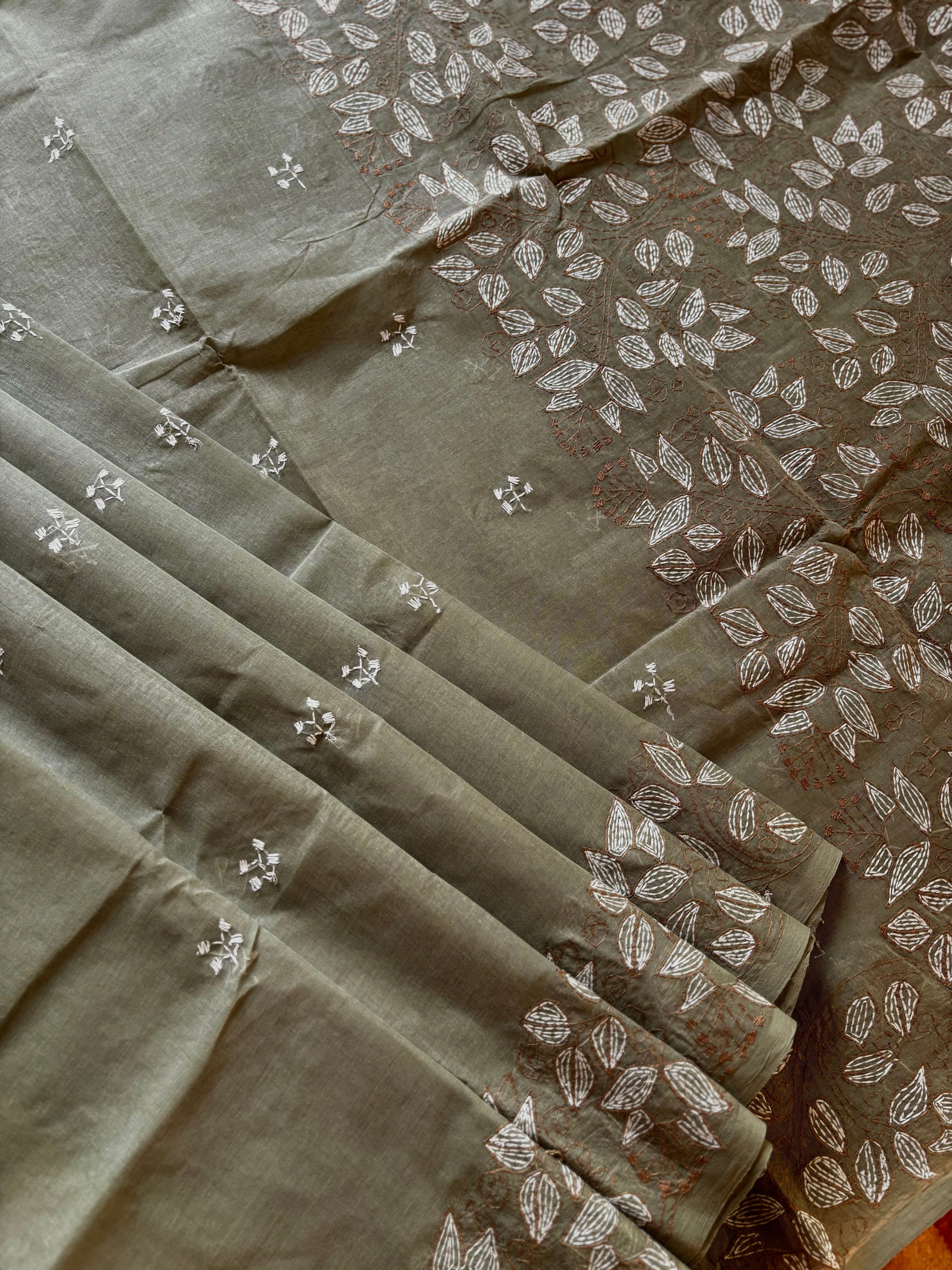 Handmade Sage Green Colour Cotton Kantha Saree