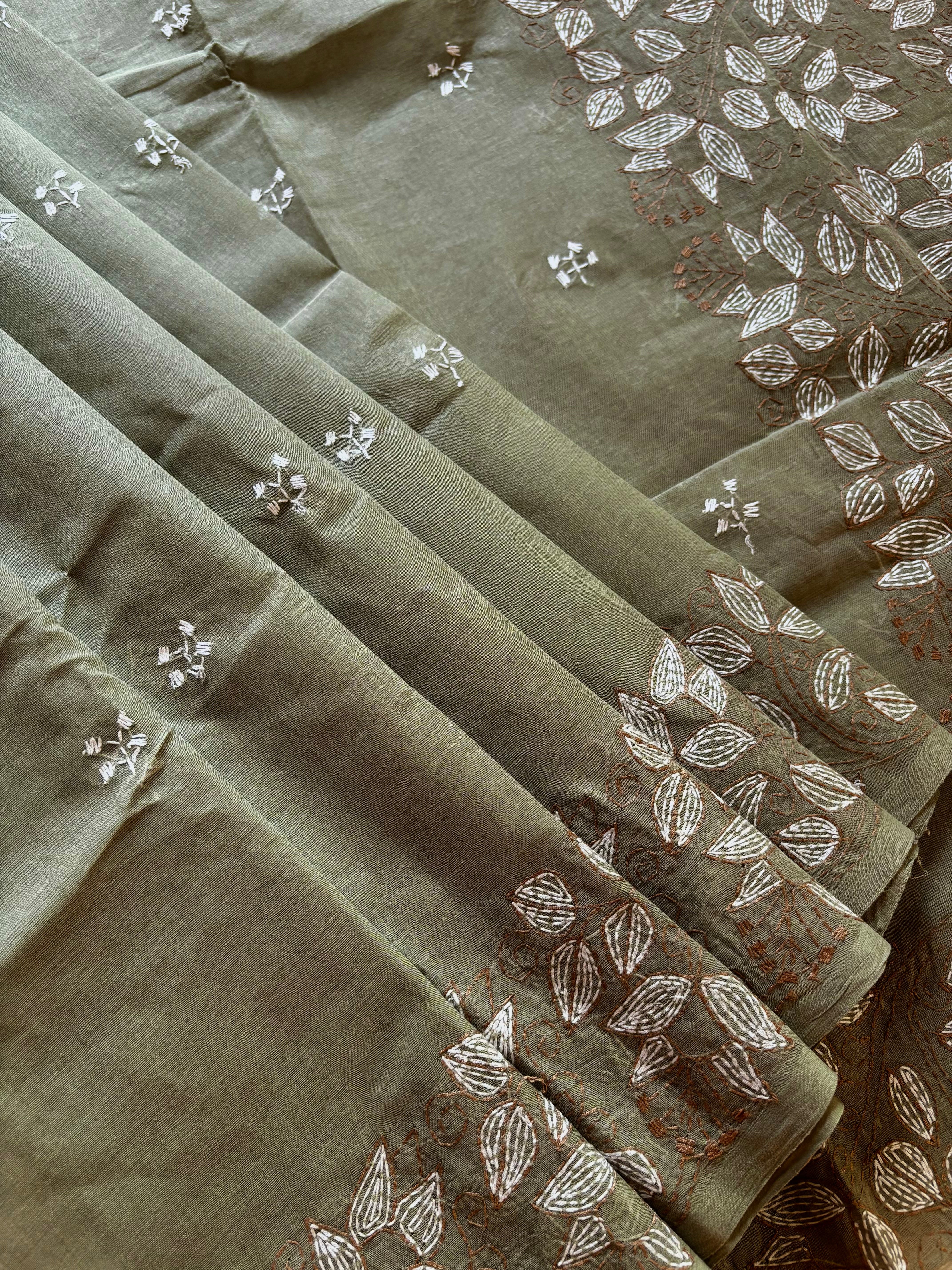 Handmade Sage Green Colour Cotton Kantha Saree