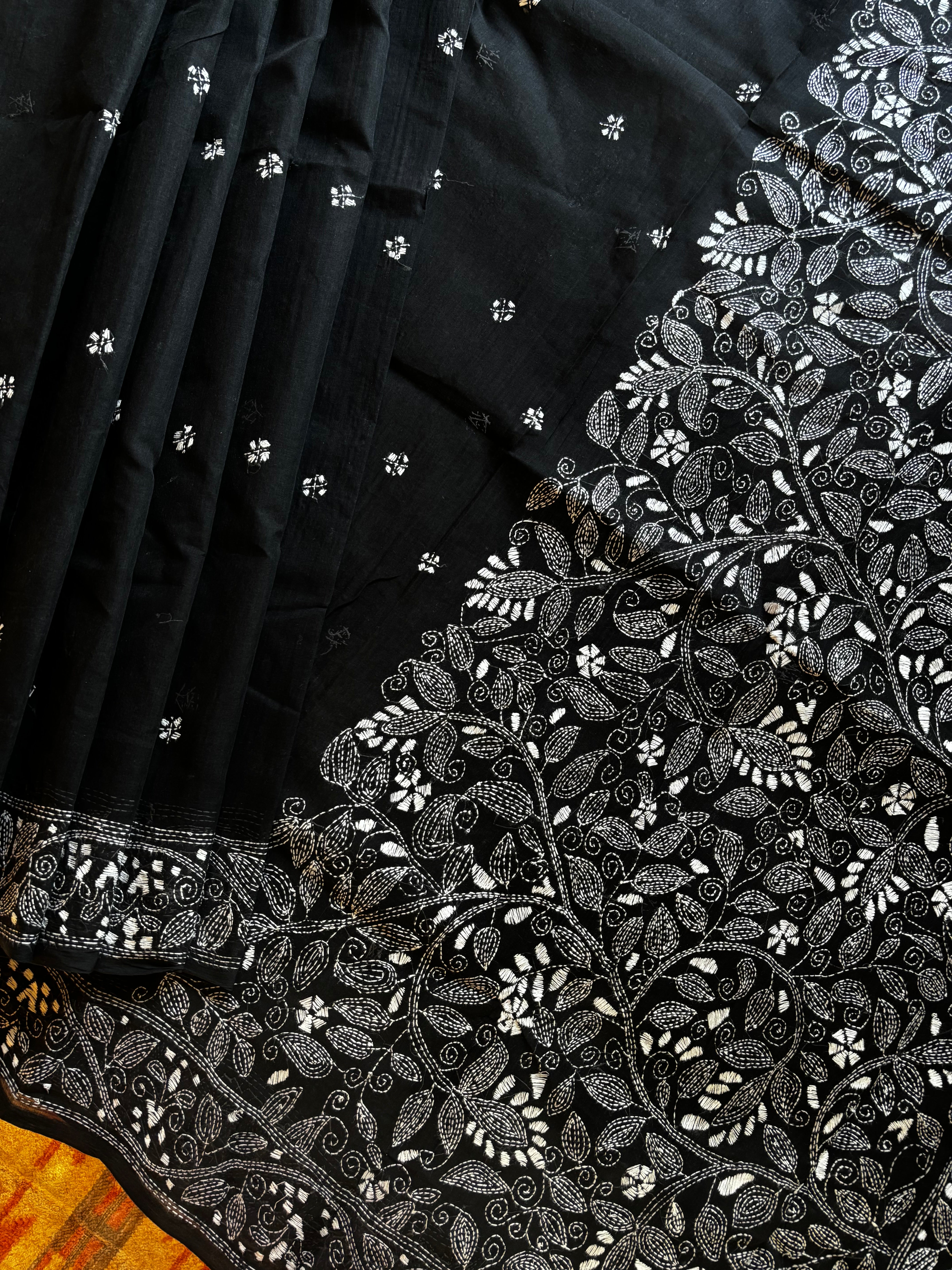 Handmade Black White Cotton Kantha Saree