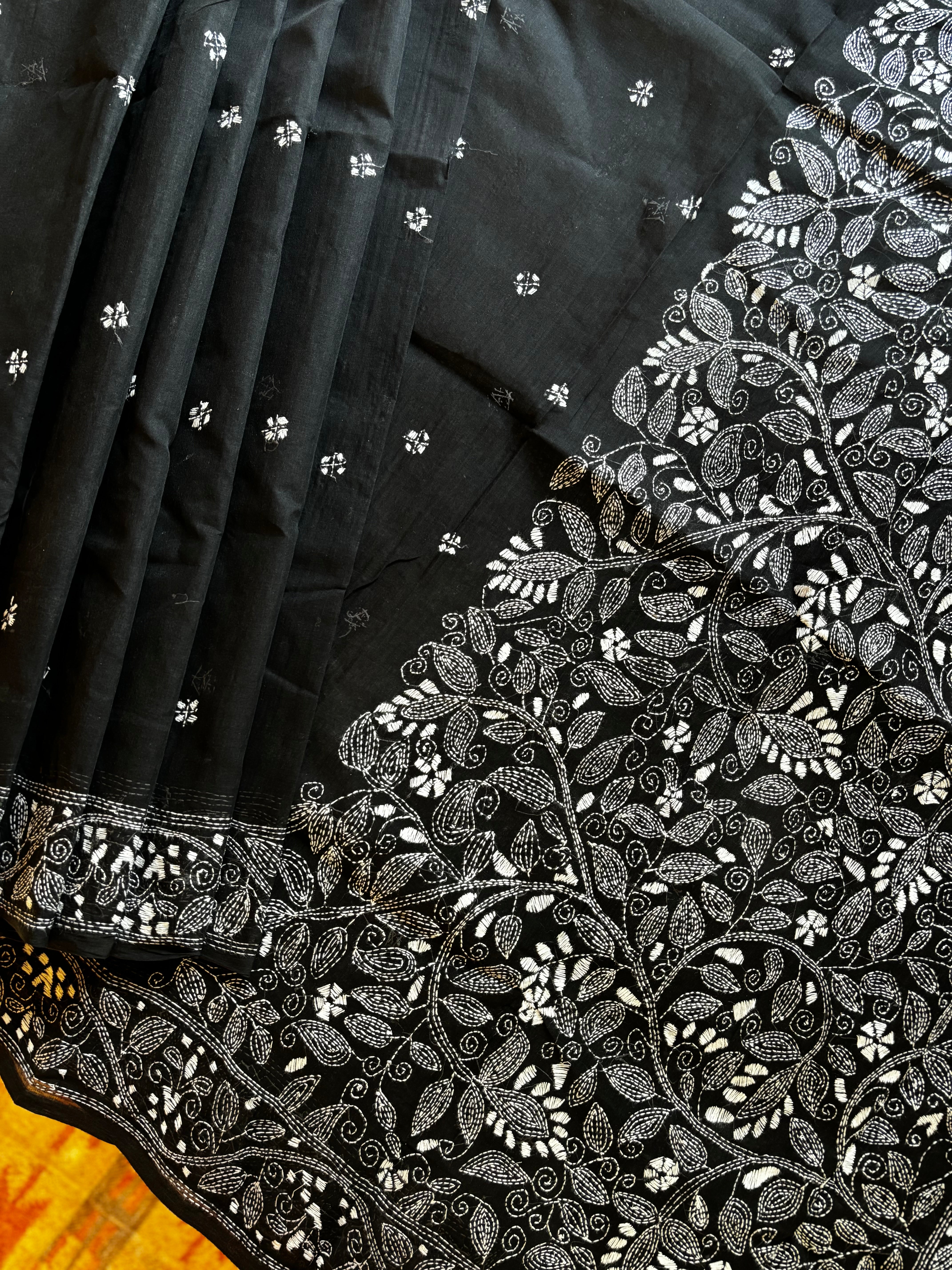 Handmade Black White Cotton Kantha Saree