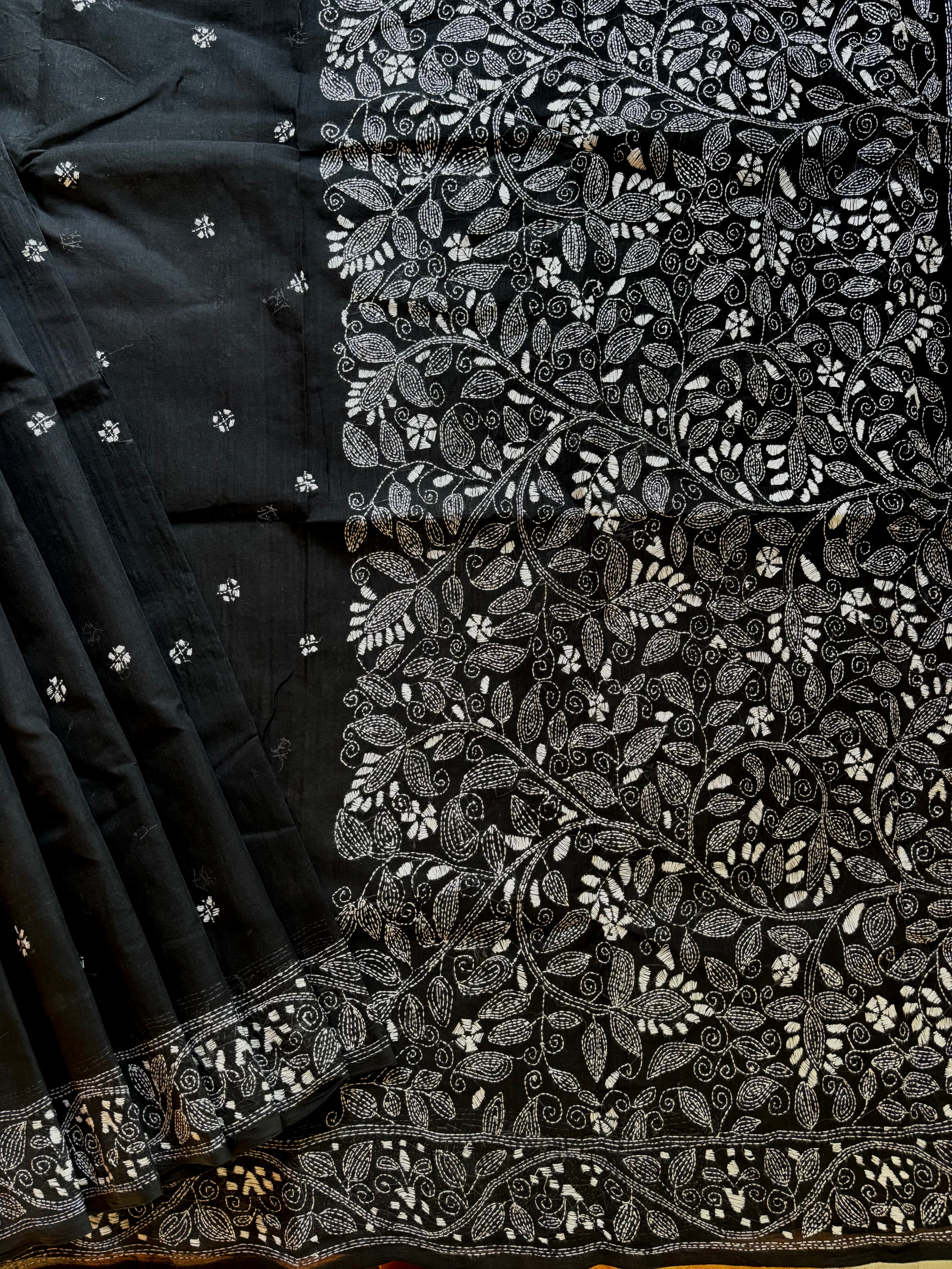 Handmade Black White Cotton Kantha Saree