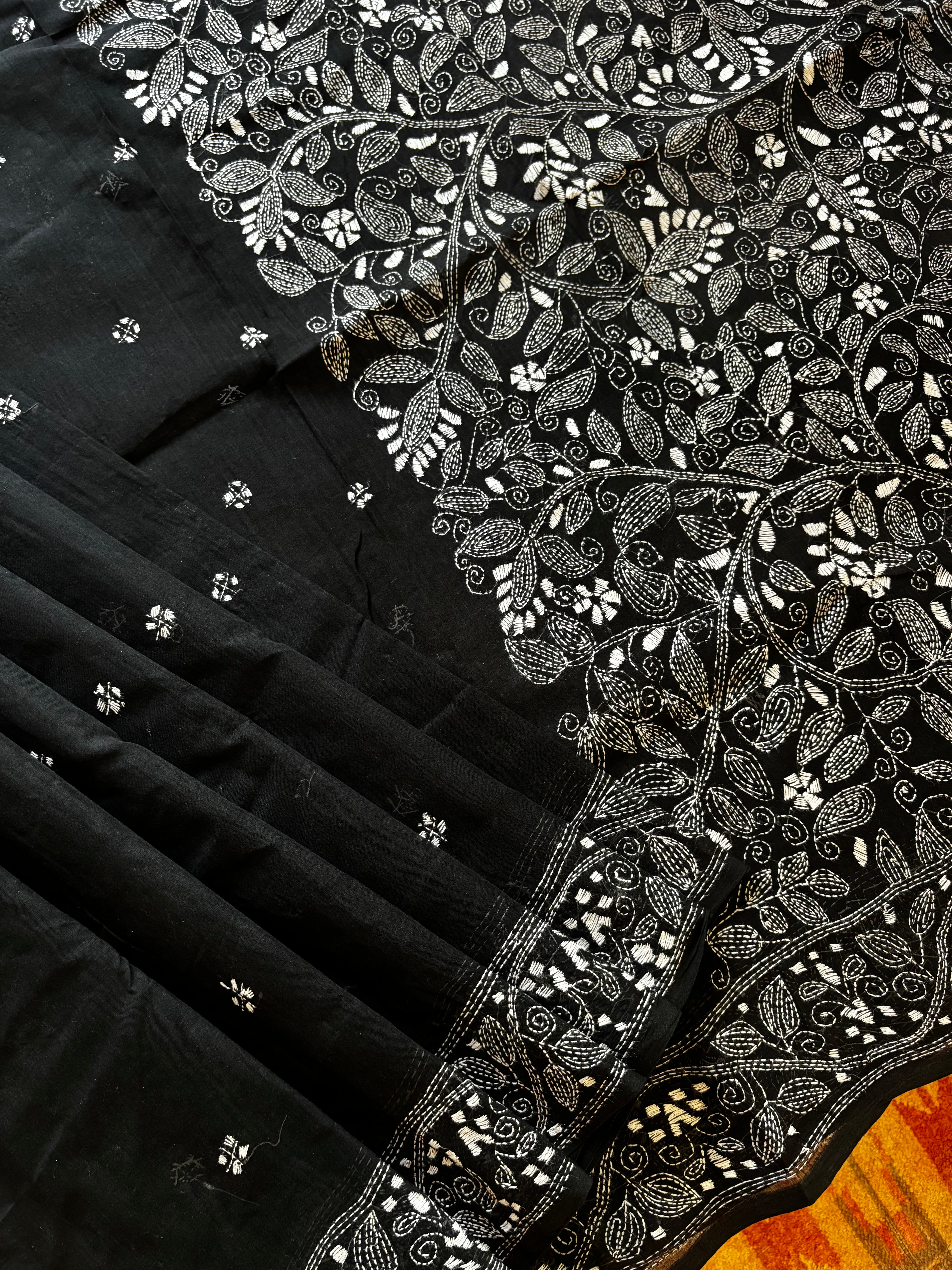 Handmade Black White Cotton Kantha Saree