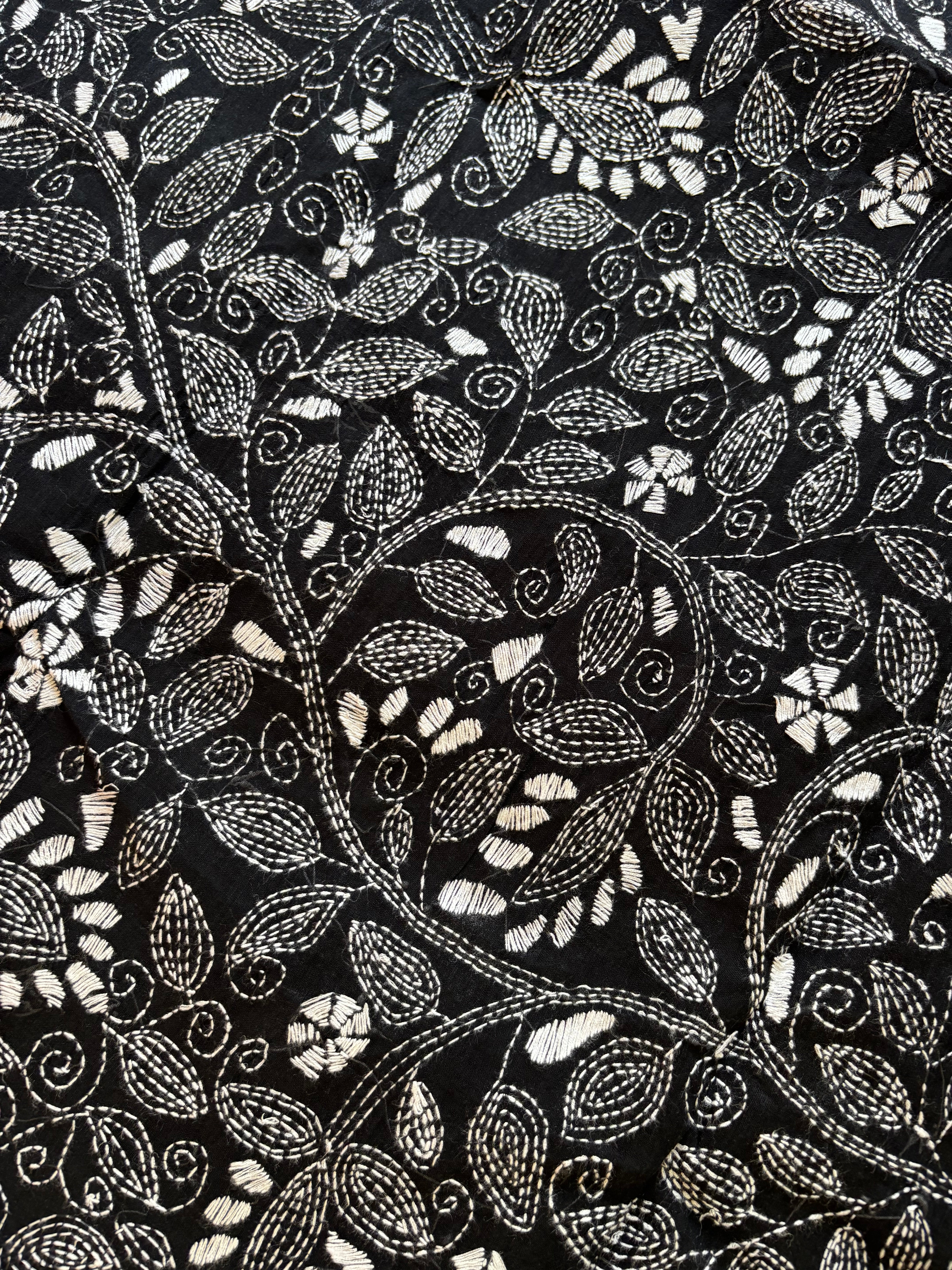 Handmade Black White Cotton Kantha Saree