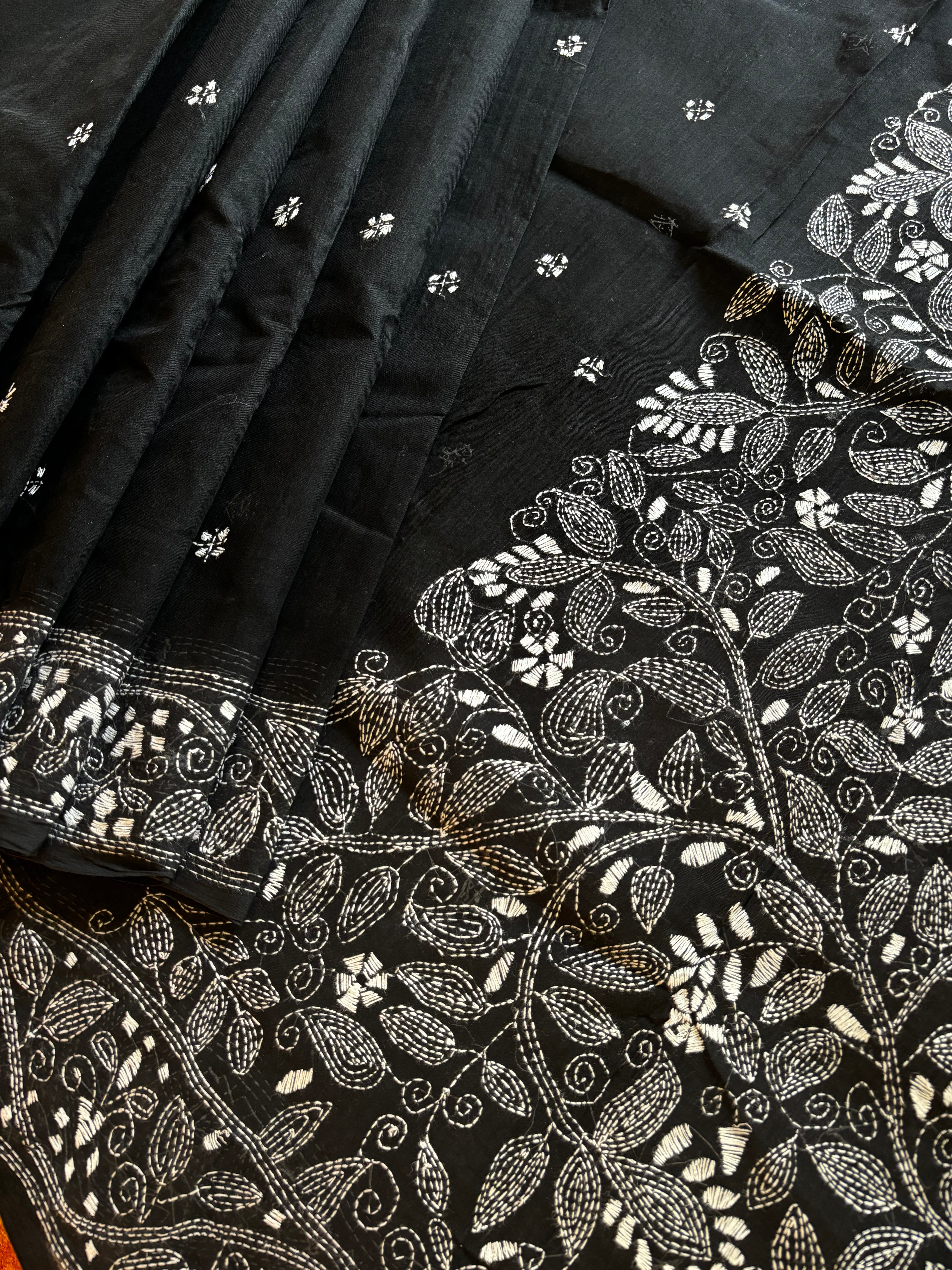 Handmade Black White Cotton Kantha Saree