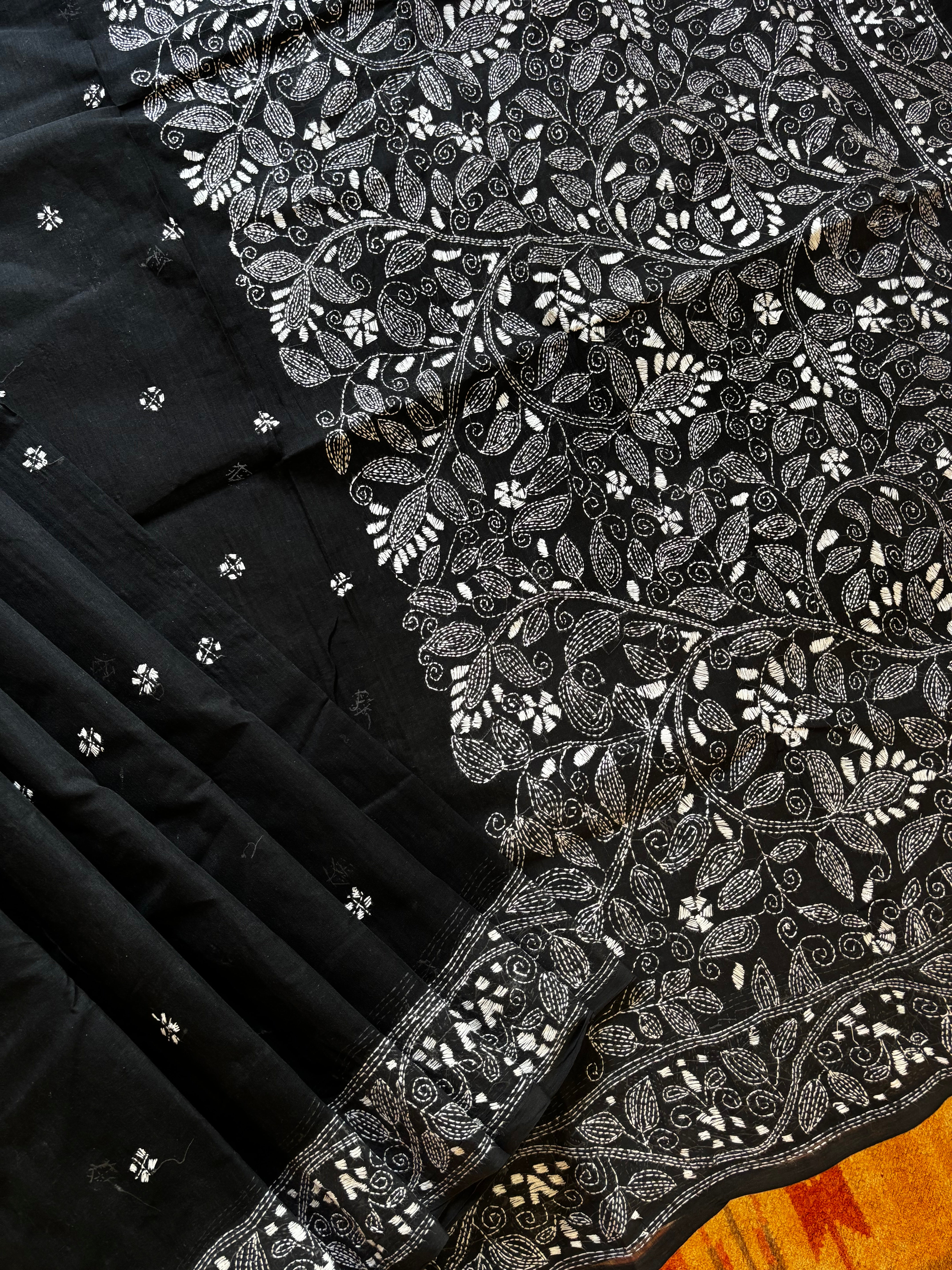 Handmade Black White Cotton Kantha Saree