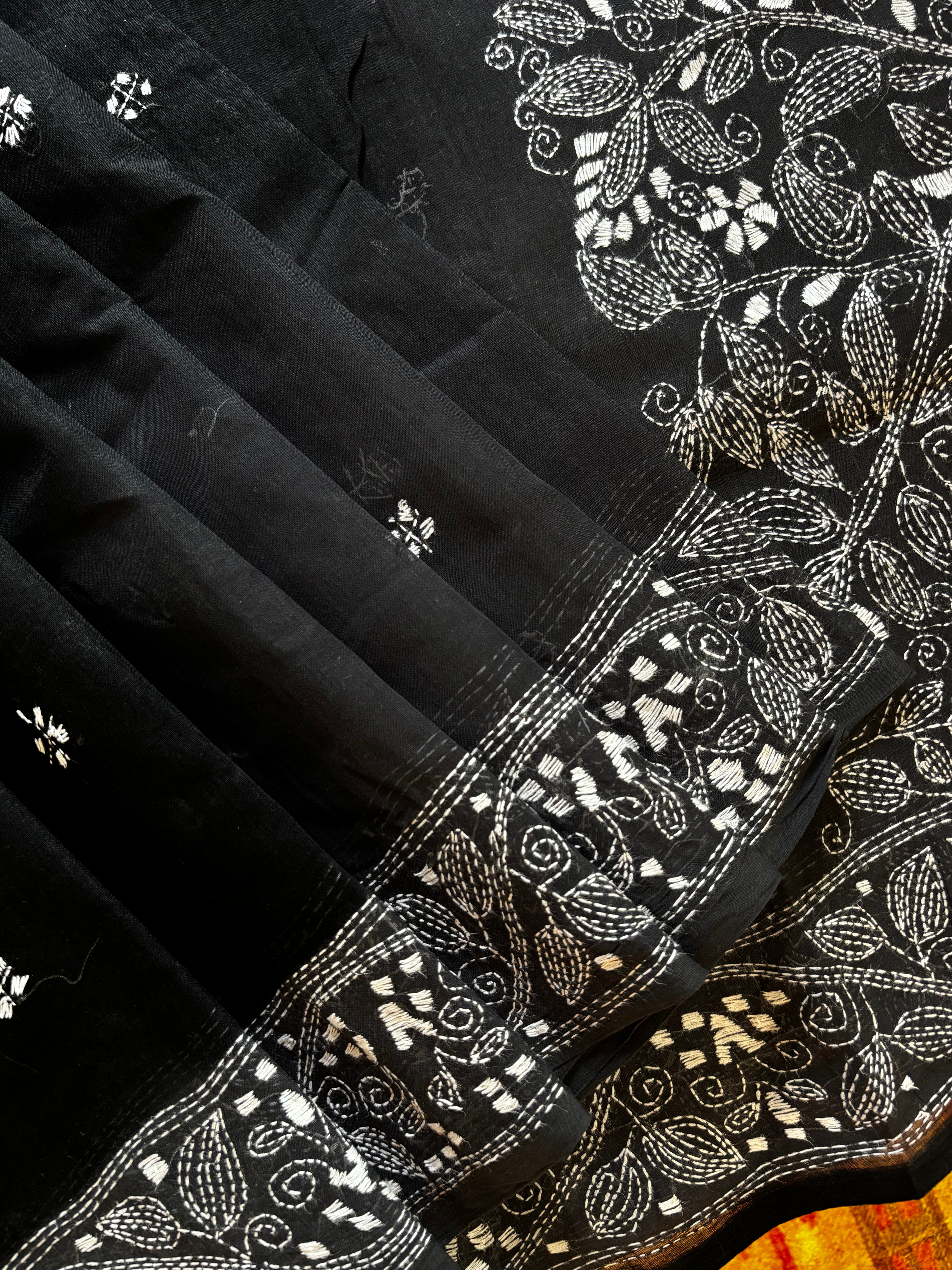 Handmade Black White Cotton Kantha Saree