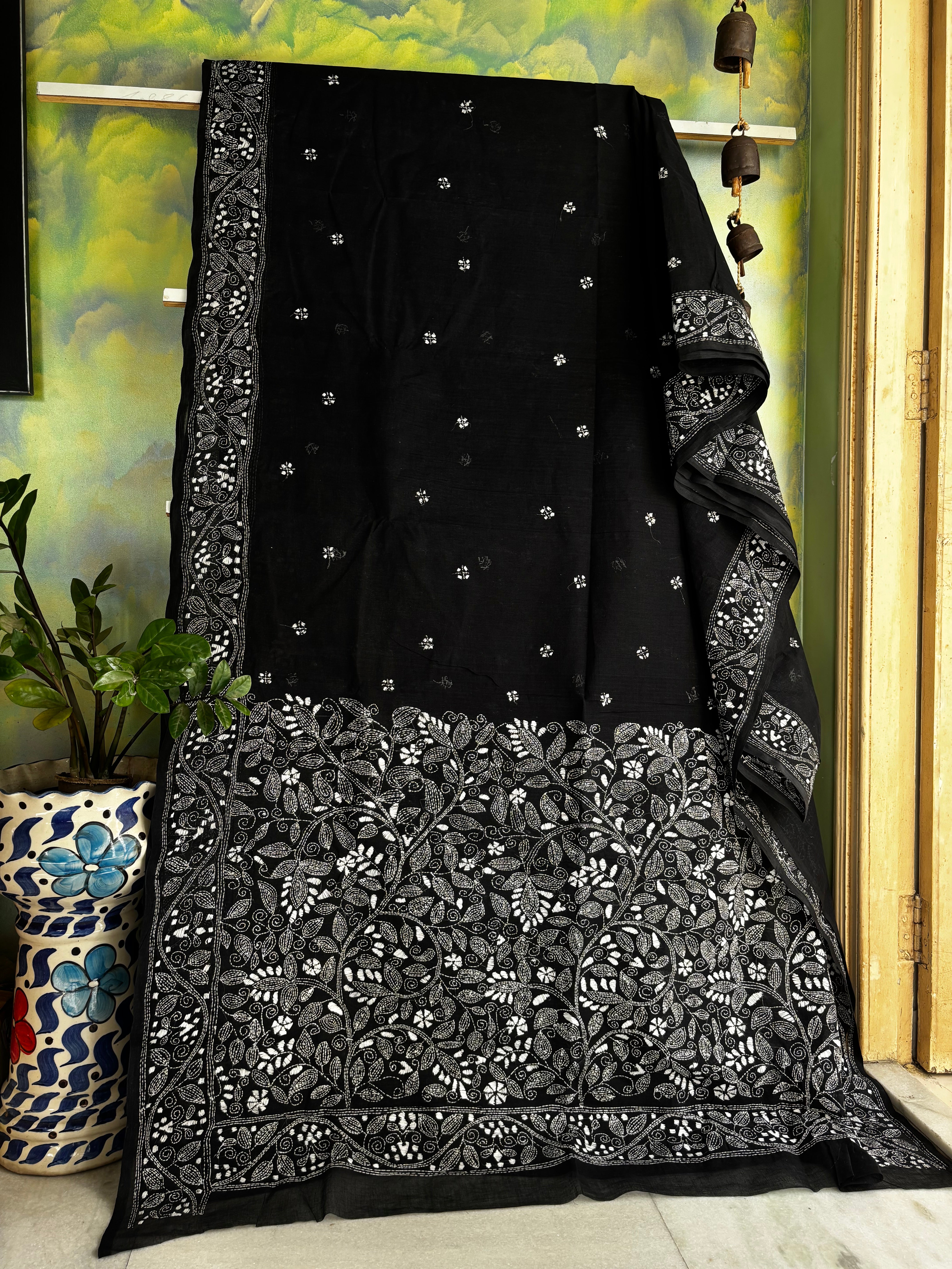 Handmade Black White Cotton Kantha Saree