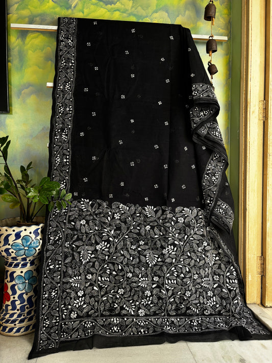 Handmade Black White Cotton Kantha Saree