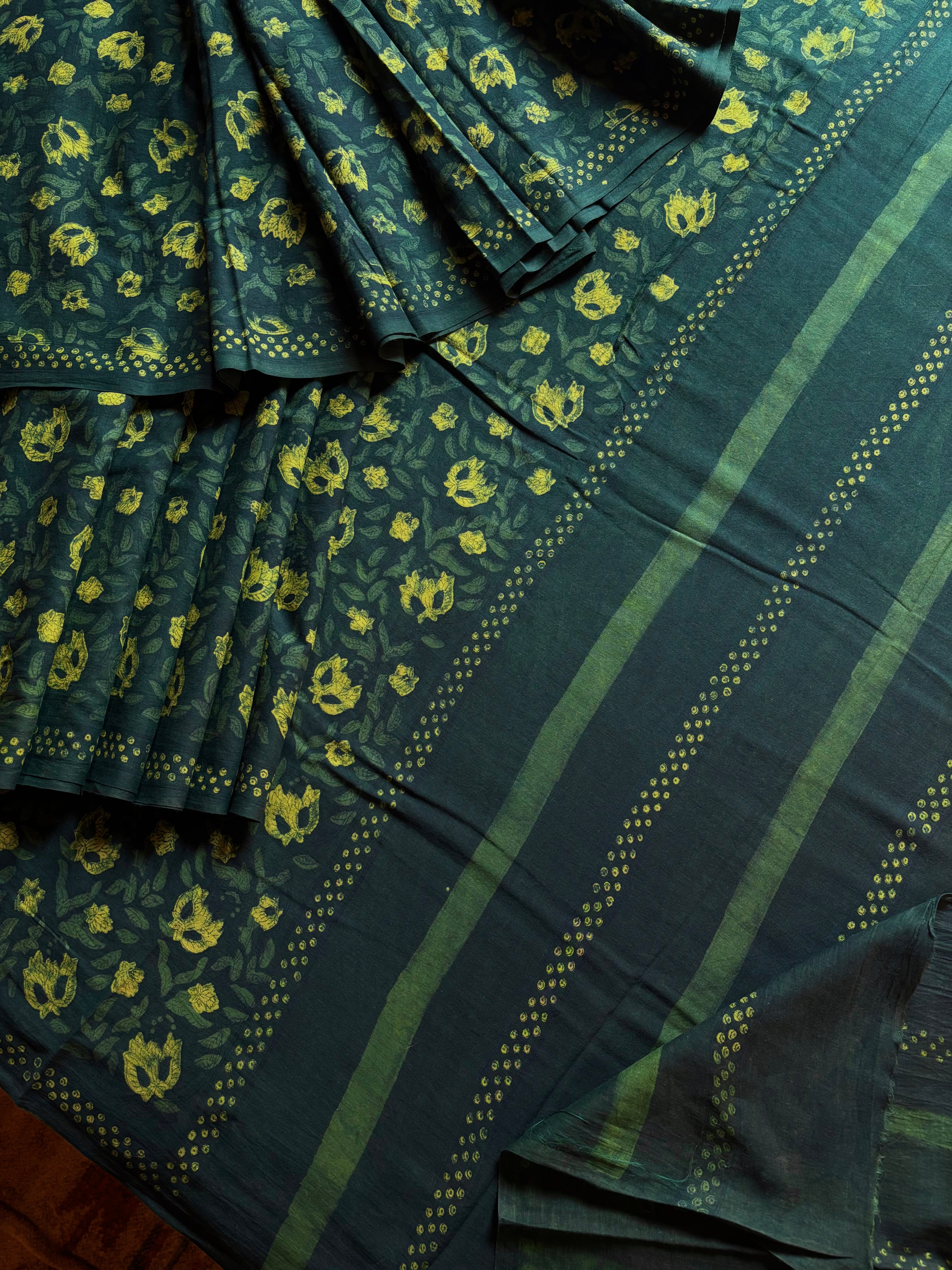 Bagh Handblock Printed Indigo Green Colour Cotton Saree