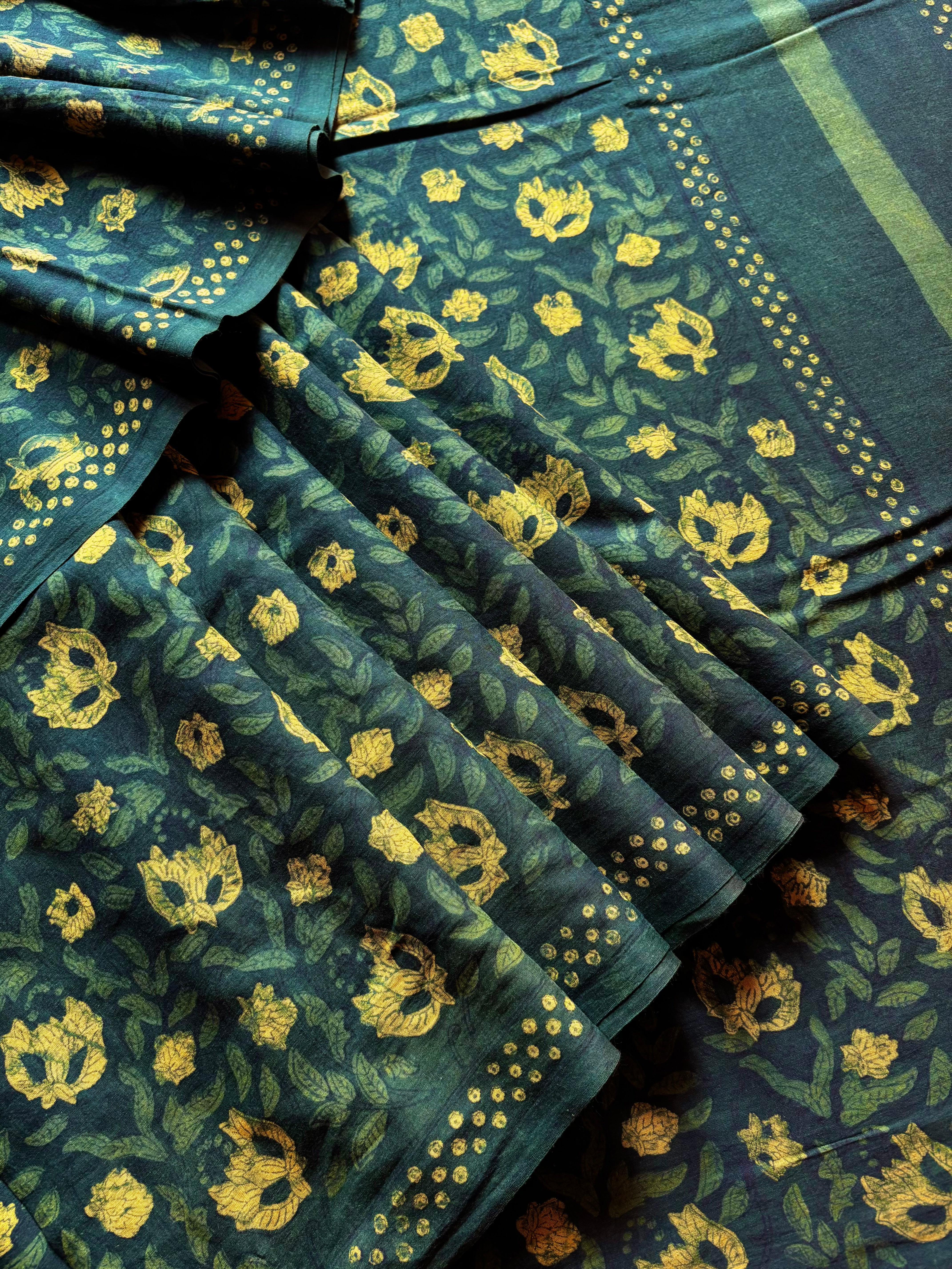 Bagh Handblock Printed Indigo Green Colour Cotton Saree