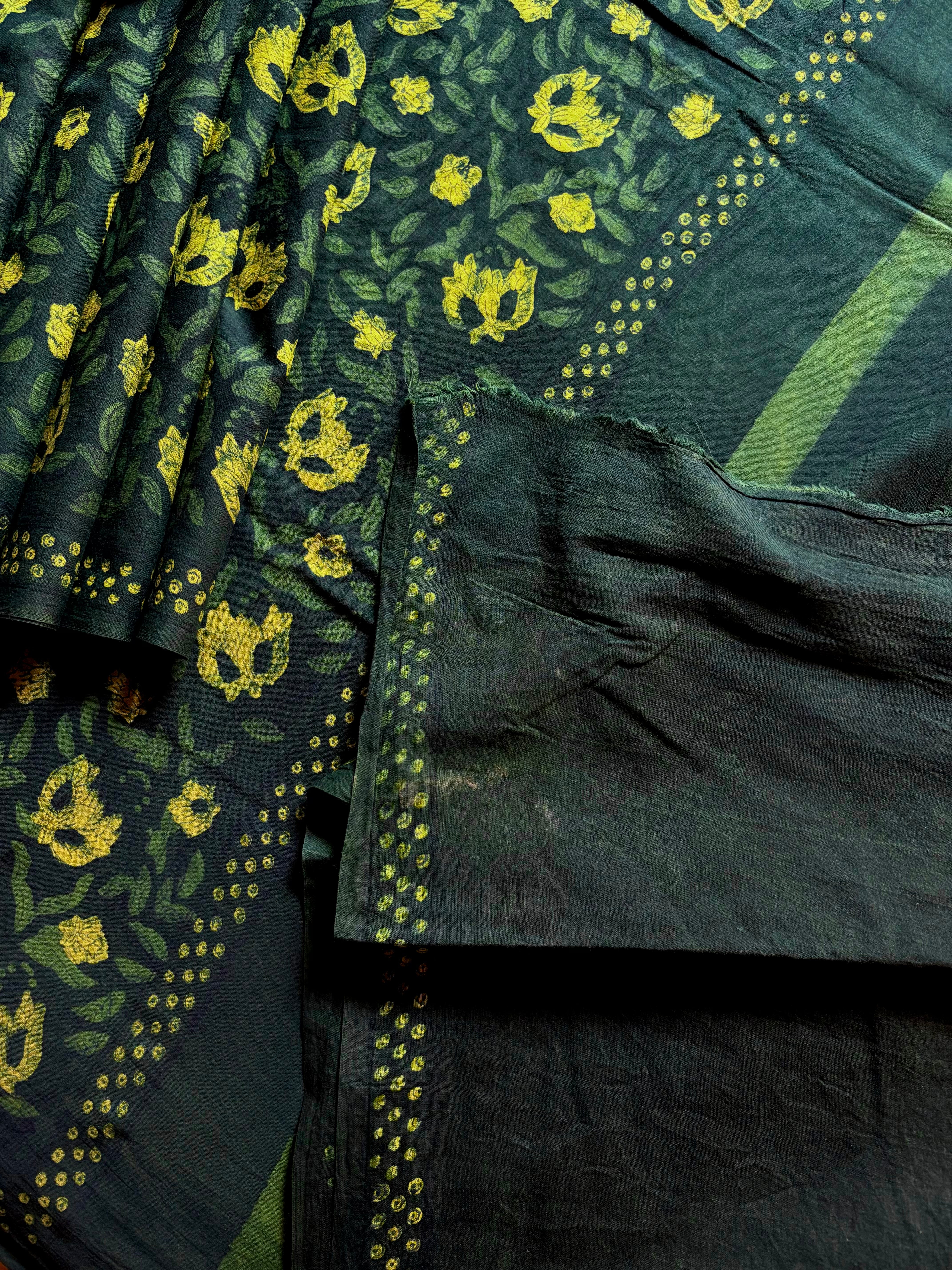 Bagh Handblock Printed Indigo Green Colour Cotton Saree