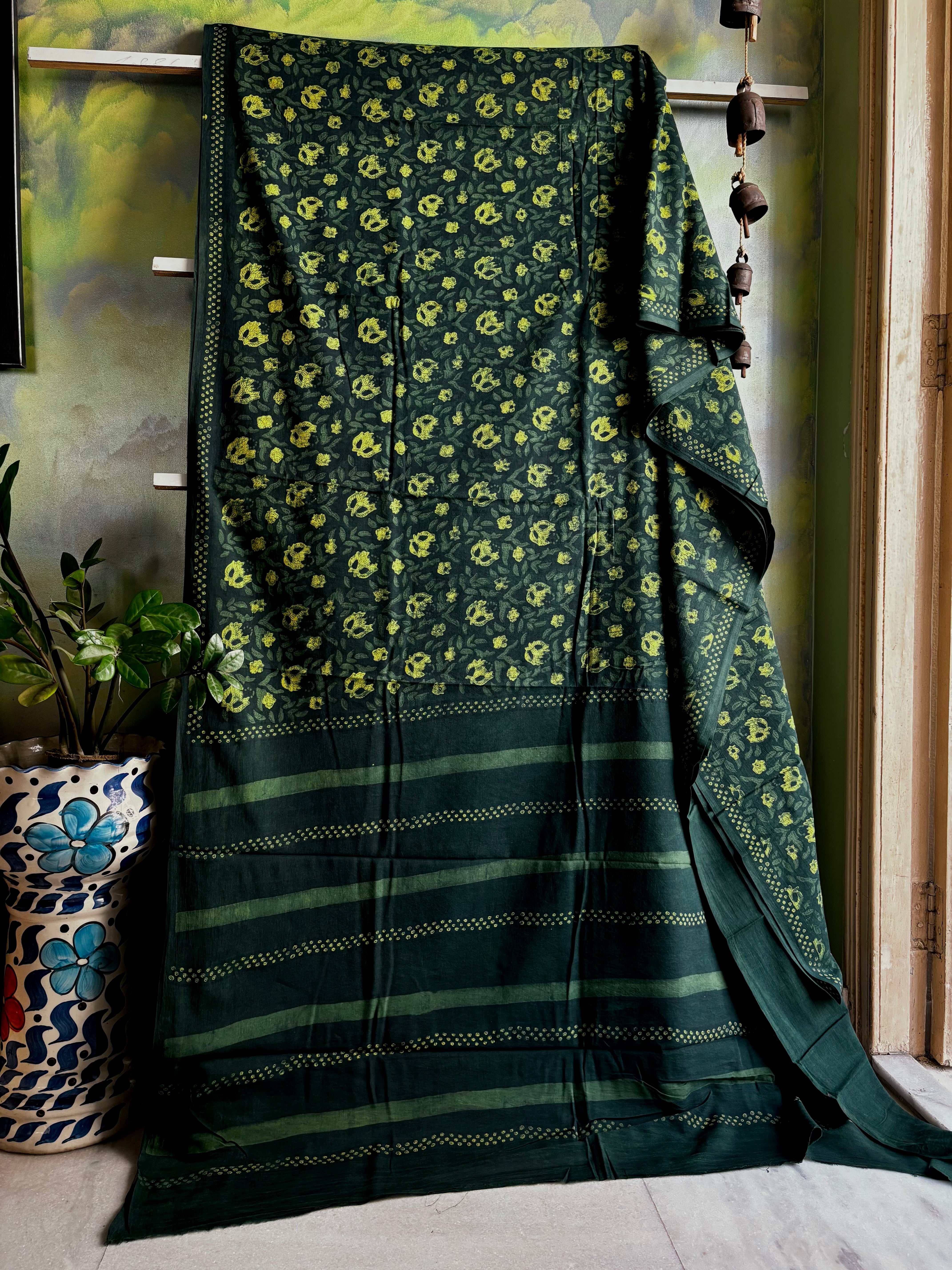 Bagh Handblock Printed Indigo Green Colour Cotton Saree