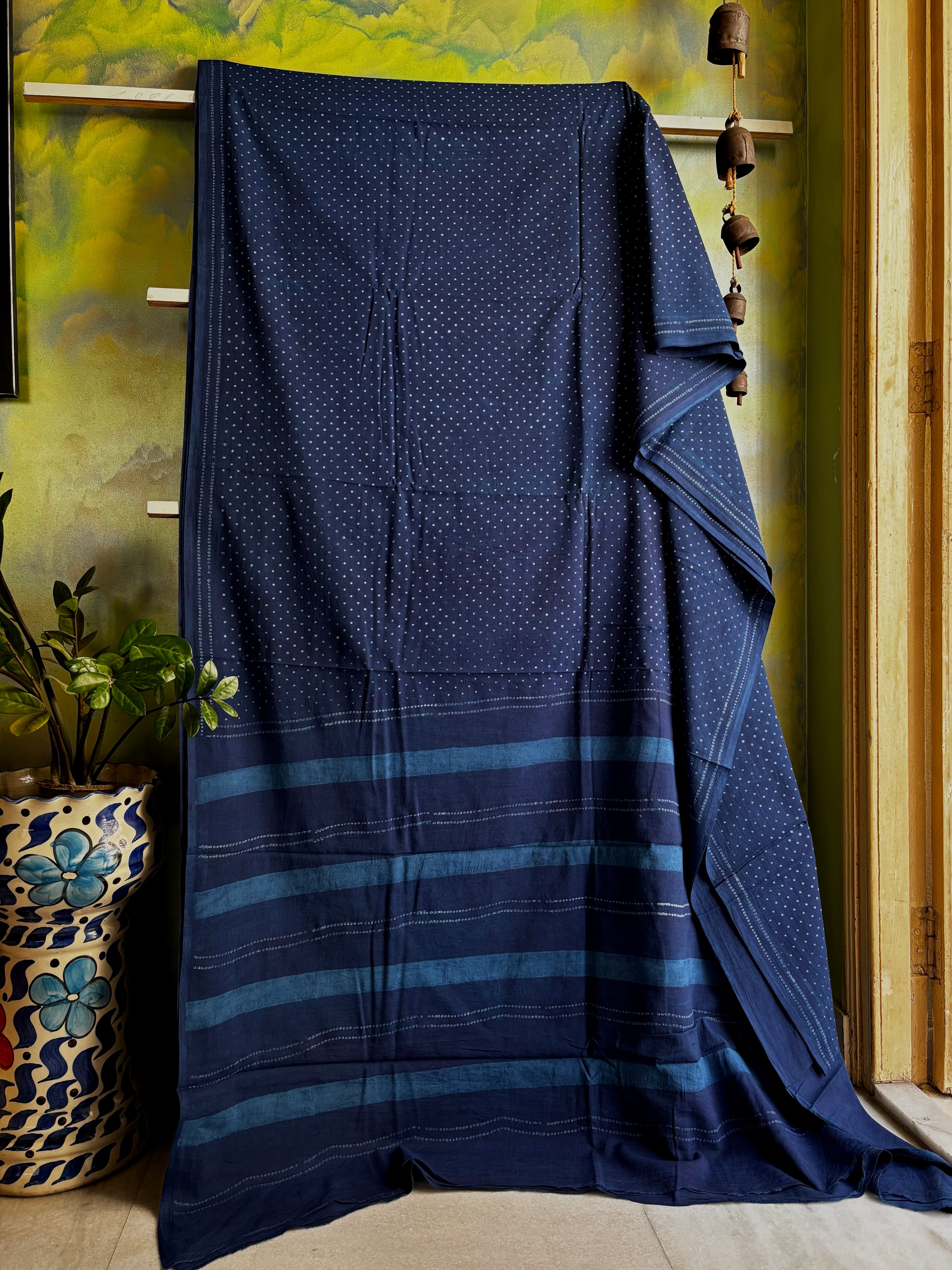 Bagh Handblock Printed Indigo Cotton Saree
